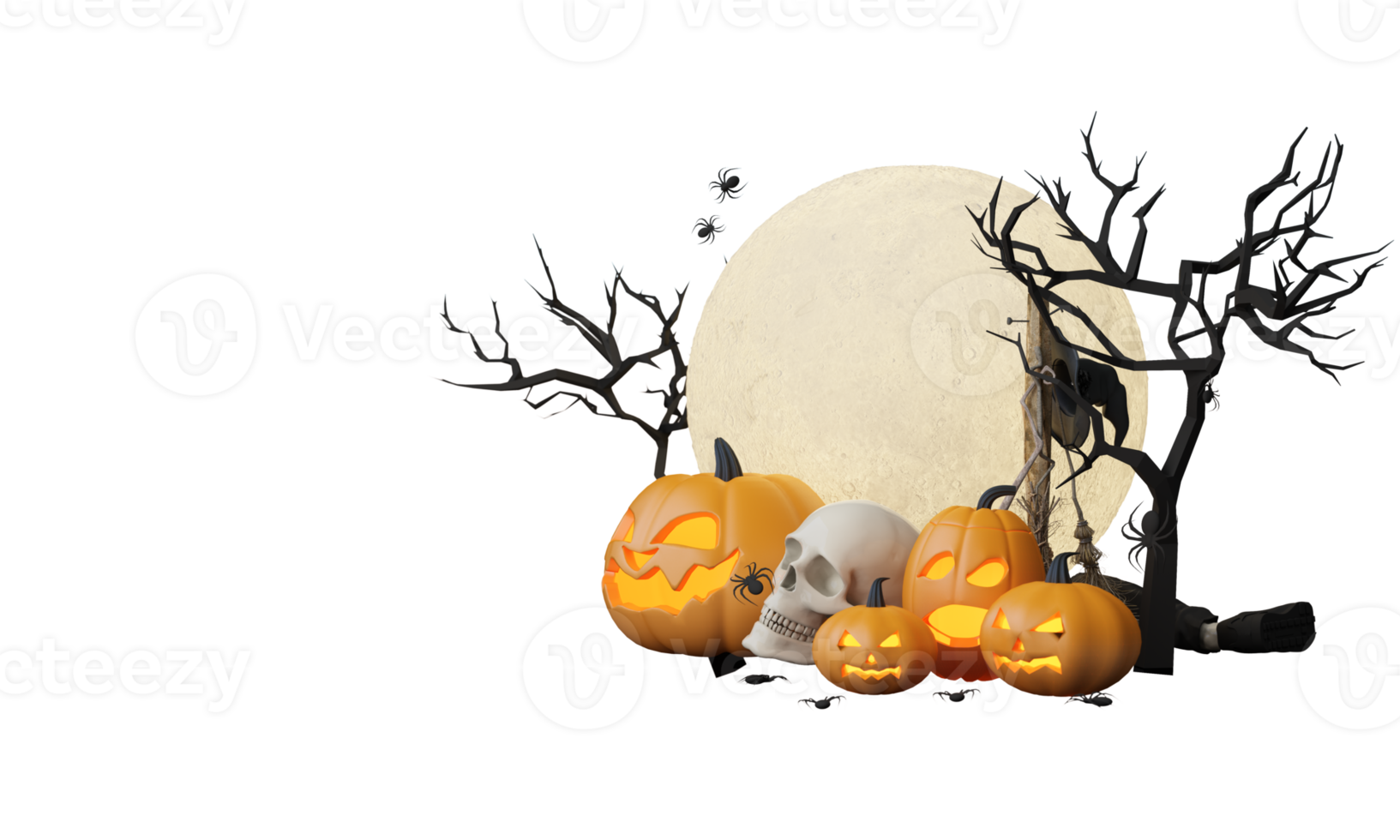 Happy Halloween party posters set with night clouds and pumpkins in cartoon illustration. Full moon and boo ghost with haunted house Place for text. Brochure background. 3d render cartoon character png