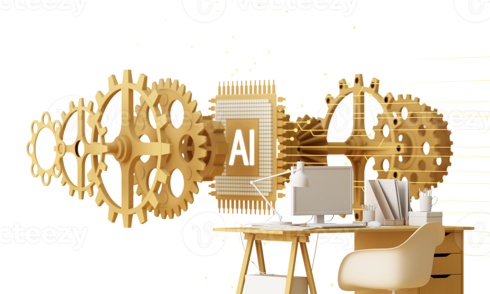 bureau de travail jaune avec ordinateur portable à l'avenir qui fonctionne avec l'intelligence artificielle et la technologie moderne. les objectifs de l'entreprise travaillent dur. sur la puce et le circuit ai de fond. rendu 3d png