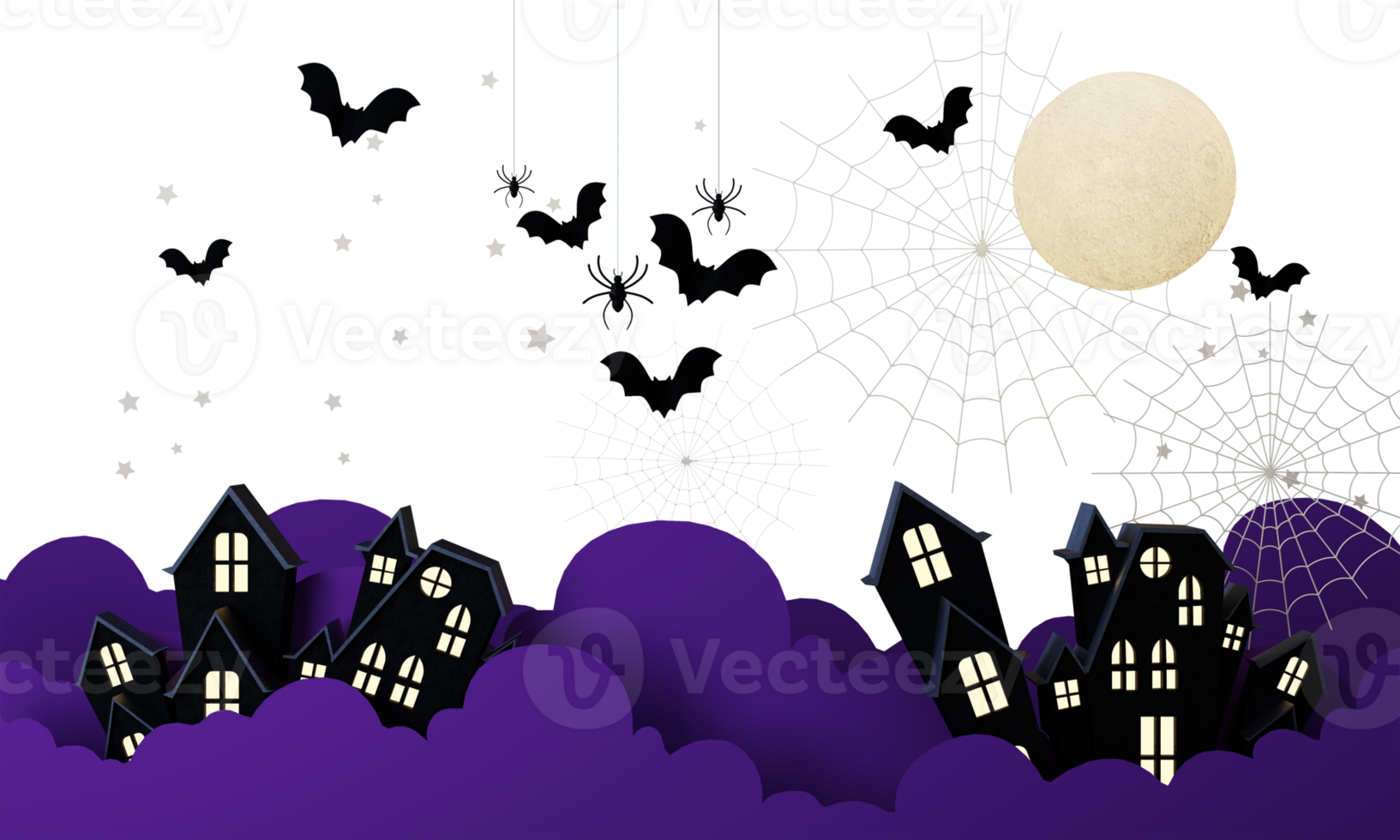 Happy Halloween party posters set with night clouds and pumpkins in cartoon illustration. Full moon and boo ghost with haunted house Place for text. Brochure background. 3d render cartoon character png