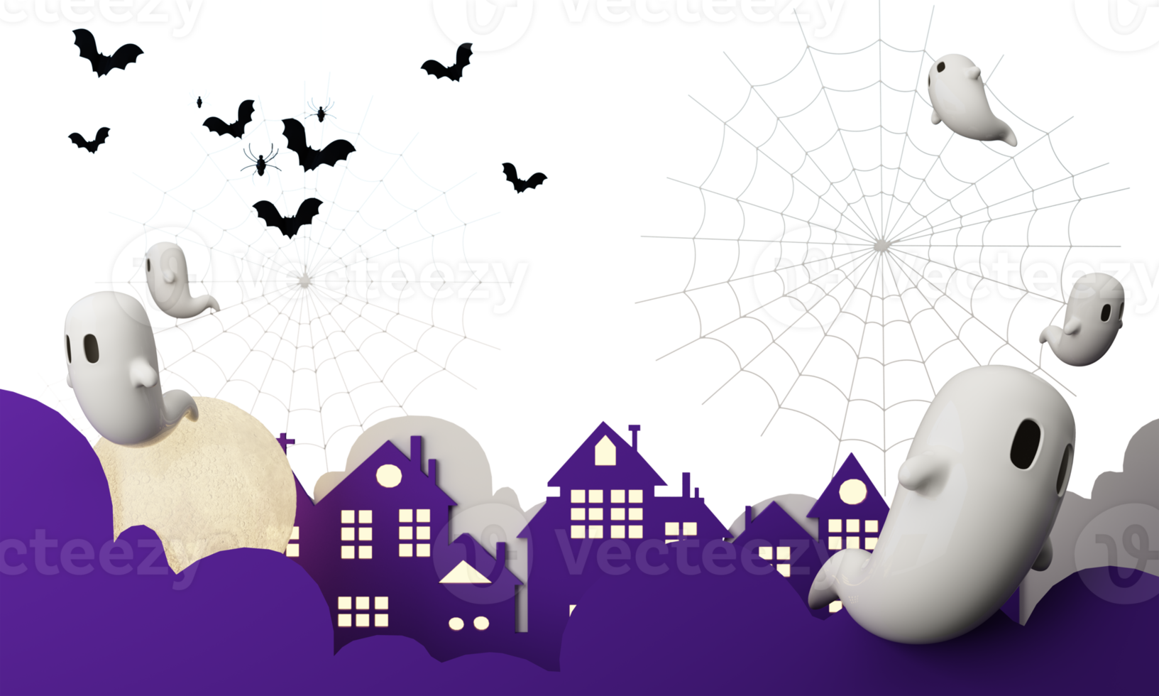 Lycklig halloween fest posters uppsättning med natt moln och pumpor i tecknad serie illustration. full måne och bua spöke med besatt hus plats för text. broschyr bakgrund. 3d framställa tecknad serie karaktär png