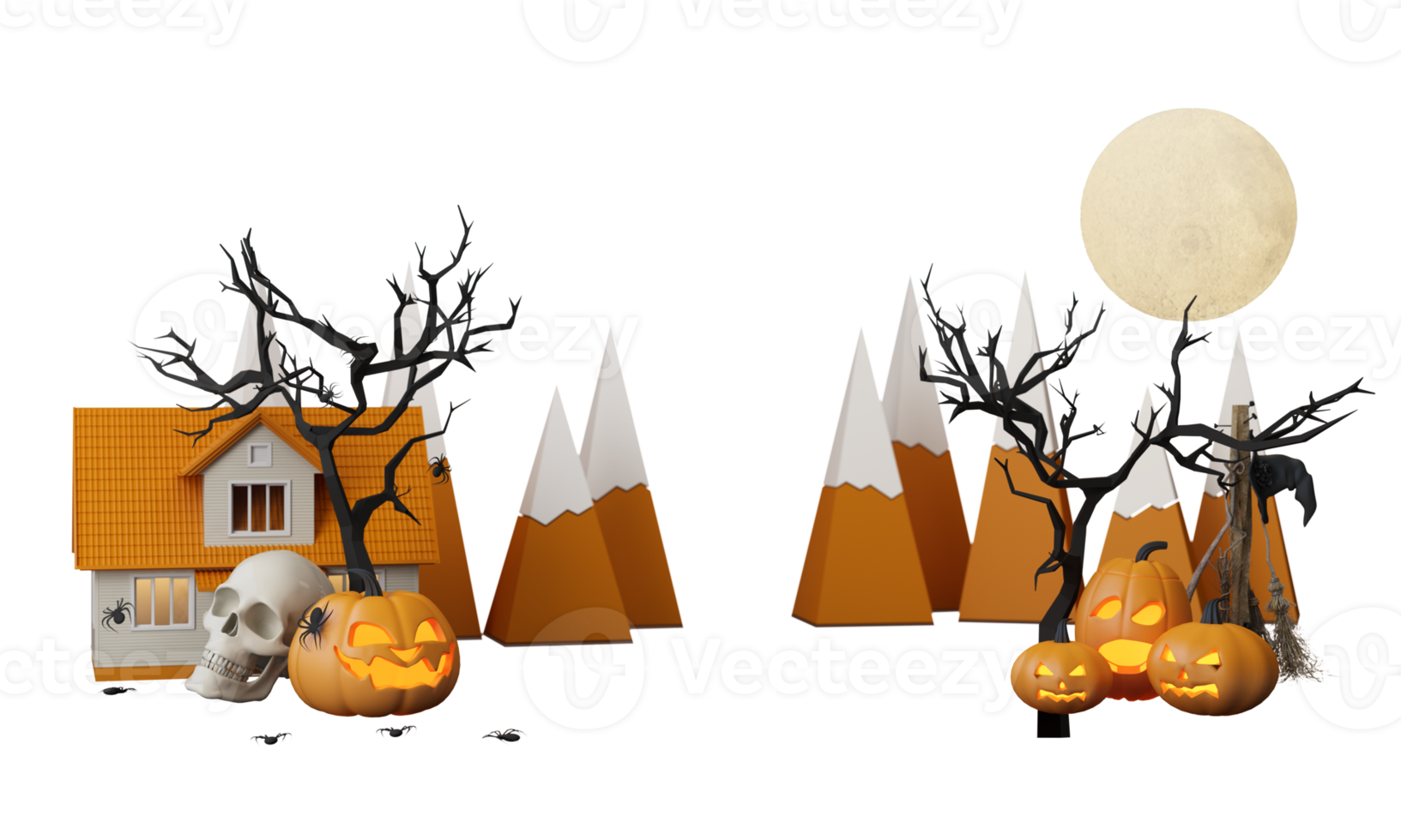 Happy Halloween party posters set with night clouds and pumpkins in cartoon illustration. Full moon and boo ghost with haunted house Place for text. Brochure background. 3d render cartoon character png