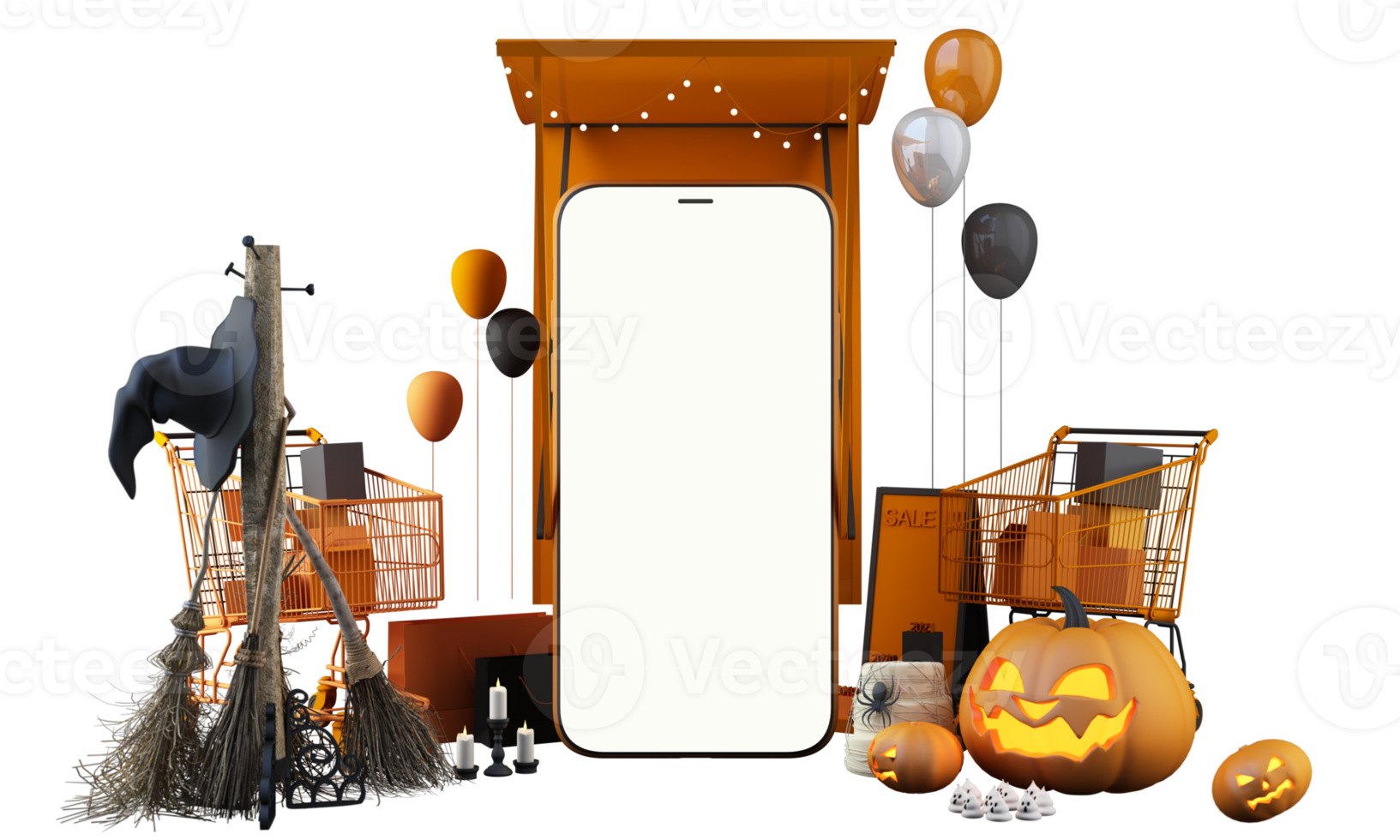 Happy Halloween party posters set with night clouds and pumpkins in cartoon illustration. Full moon, witch cauldron, spiders web and skull. Place for text. Brochure background. 3d render png