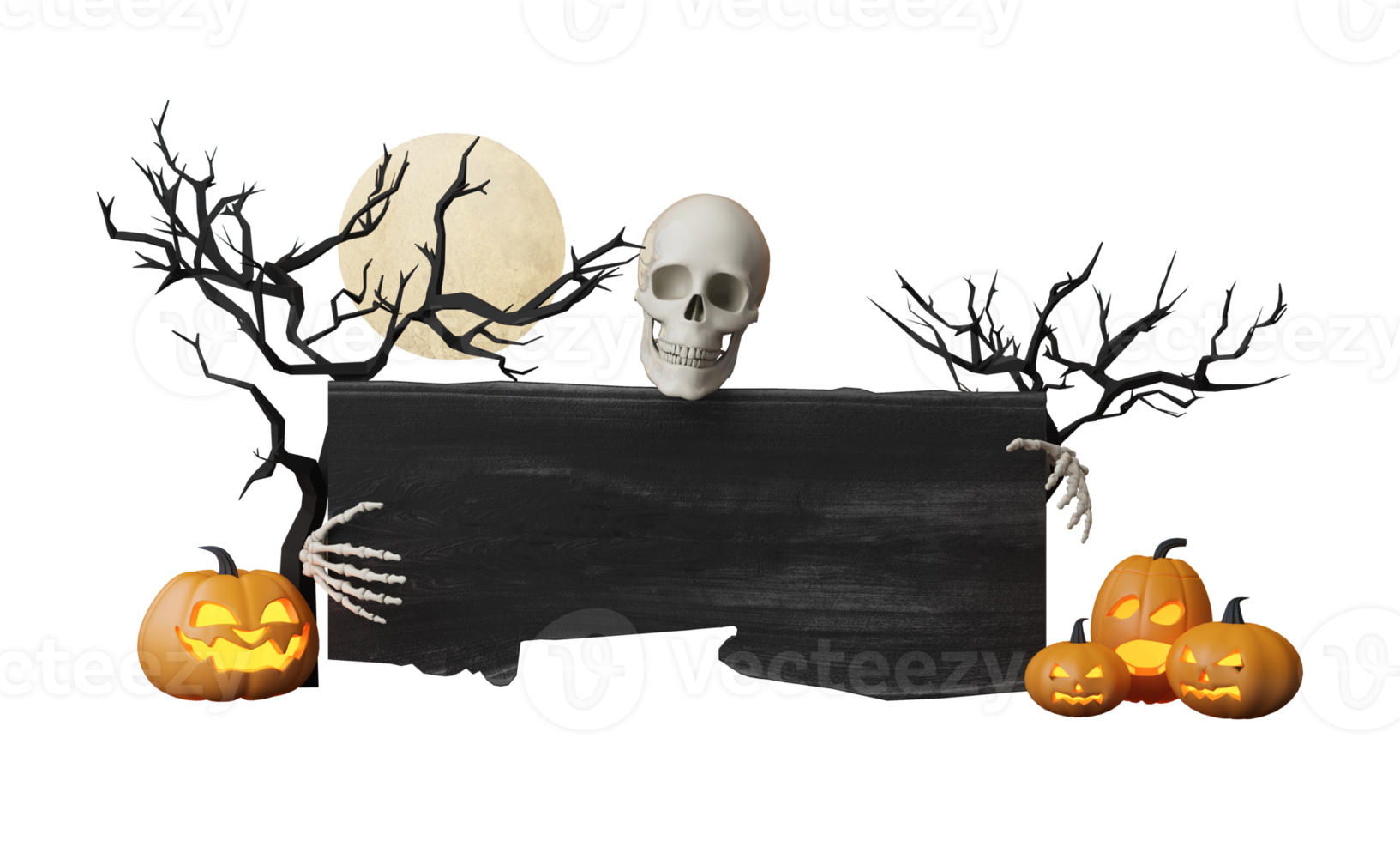 fröhliche halloween-partyplakate mit nachtwolken und kürbissen in karikaturillustration. Vollmond und Boo-Geist mit Spukhausplatz für Text. Broschüre Hintergrund. 3d-rendering-zeichentrickfigur png