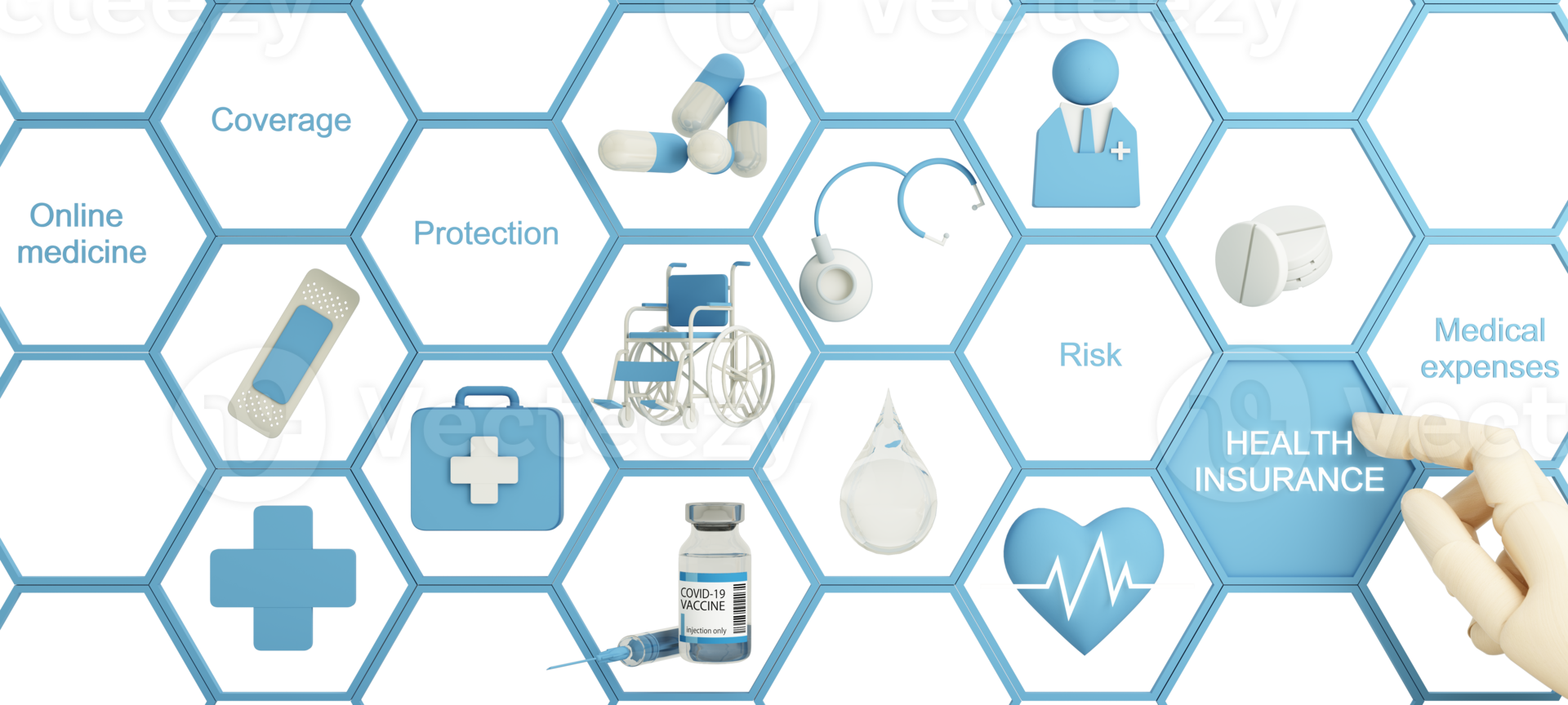 conceito de seguro de saúde com cobertura de palavras, proteção, risco e medicina on-line de segurança em uma tela virtual e uma mão de madeira de desenho animado tocando um botão, isolado em fundo azul renderização em 3d png