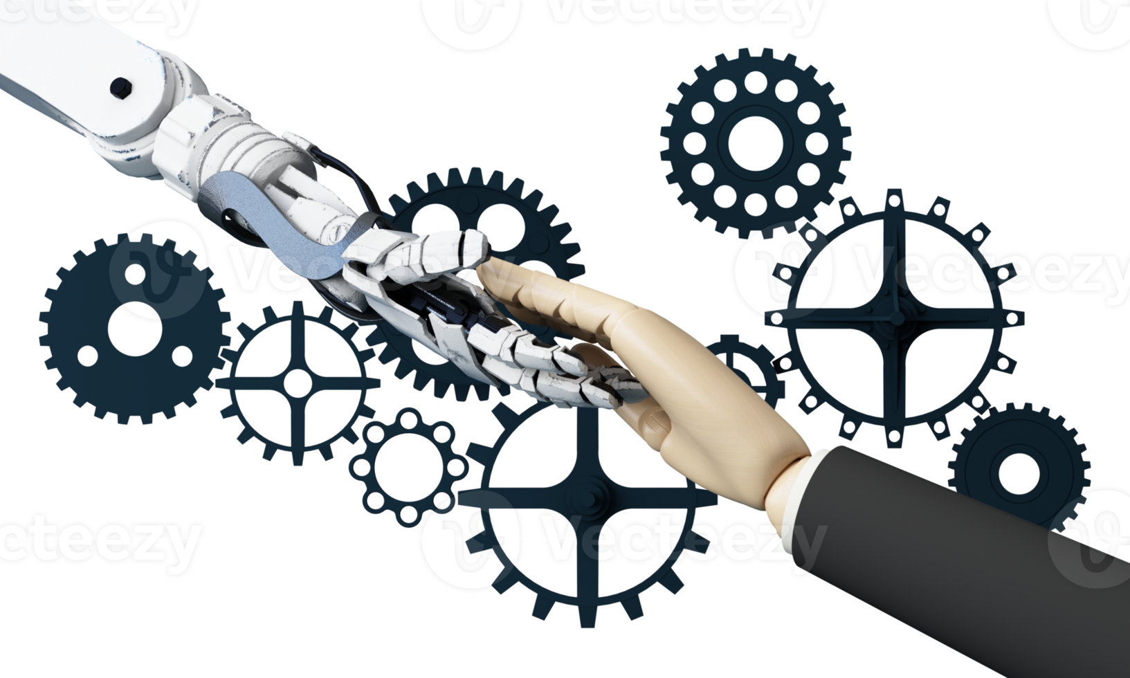 Robot cybernetic organism works with a virtual HUD interface in reality and Ai chip with cogwheel. Humanoid robot with a plastic face presses on the digital screen. Future concept. 3d rendering png