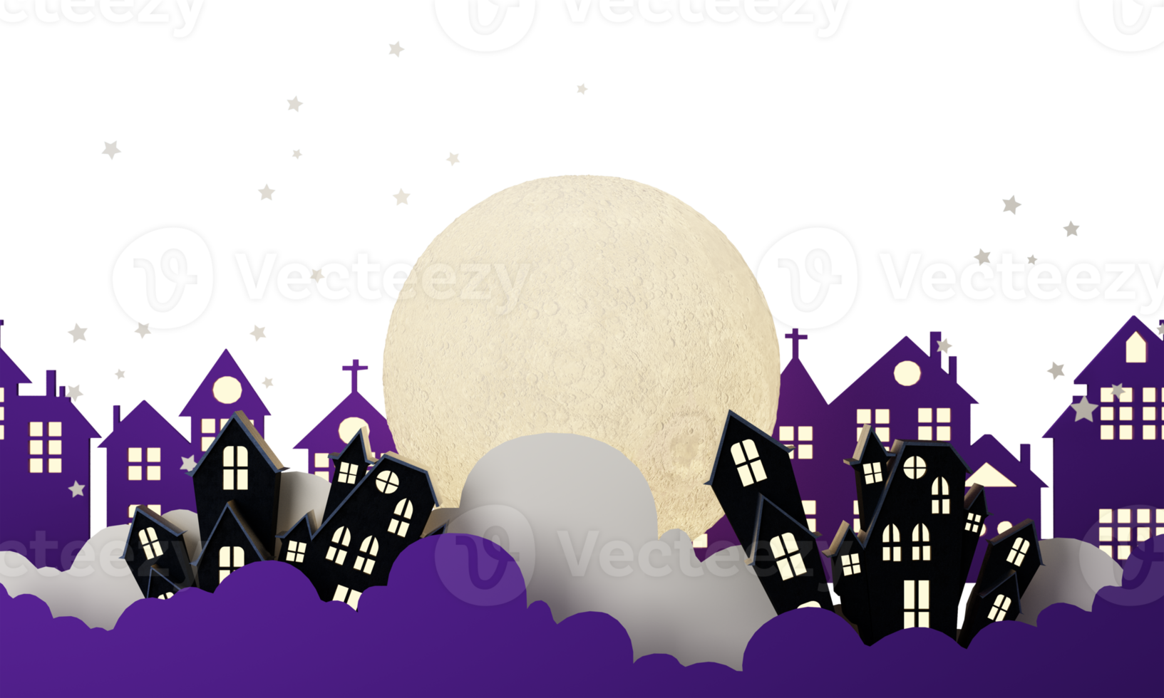 carteles de fiesta de feliz halloween con nubes nocturnas y calabazas en ilustración de dibujos animados. fantasma de luna llena y abucheo con lugar de casa embrujada para texto. fondo del folleto. Personaje de dibujos animados de procesamiento 3D png