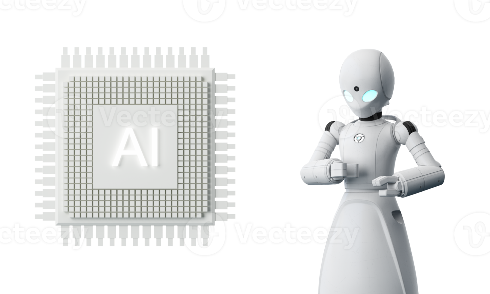 robot cybernetisch organisme werken met een virtueel hud koppel in realiteit en ai spaander met tandrad. humanoid robot met een plastic gezicht persen Aan de digitaal scherm. toekomst concept. 3d renderen png