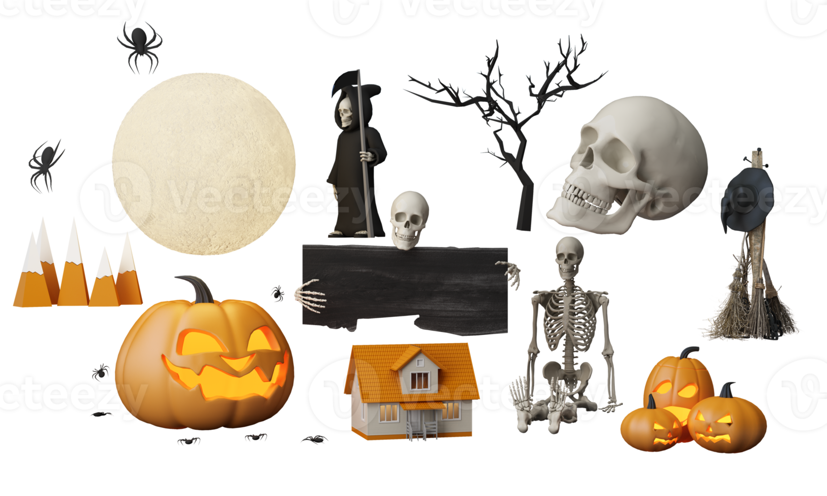 Happy Halloween party posters set with night clouds and pumpkins in cartoon illustration. Full moon and boo ghost with haunted house Place for text. Brochure background. 3d render cartoon character png