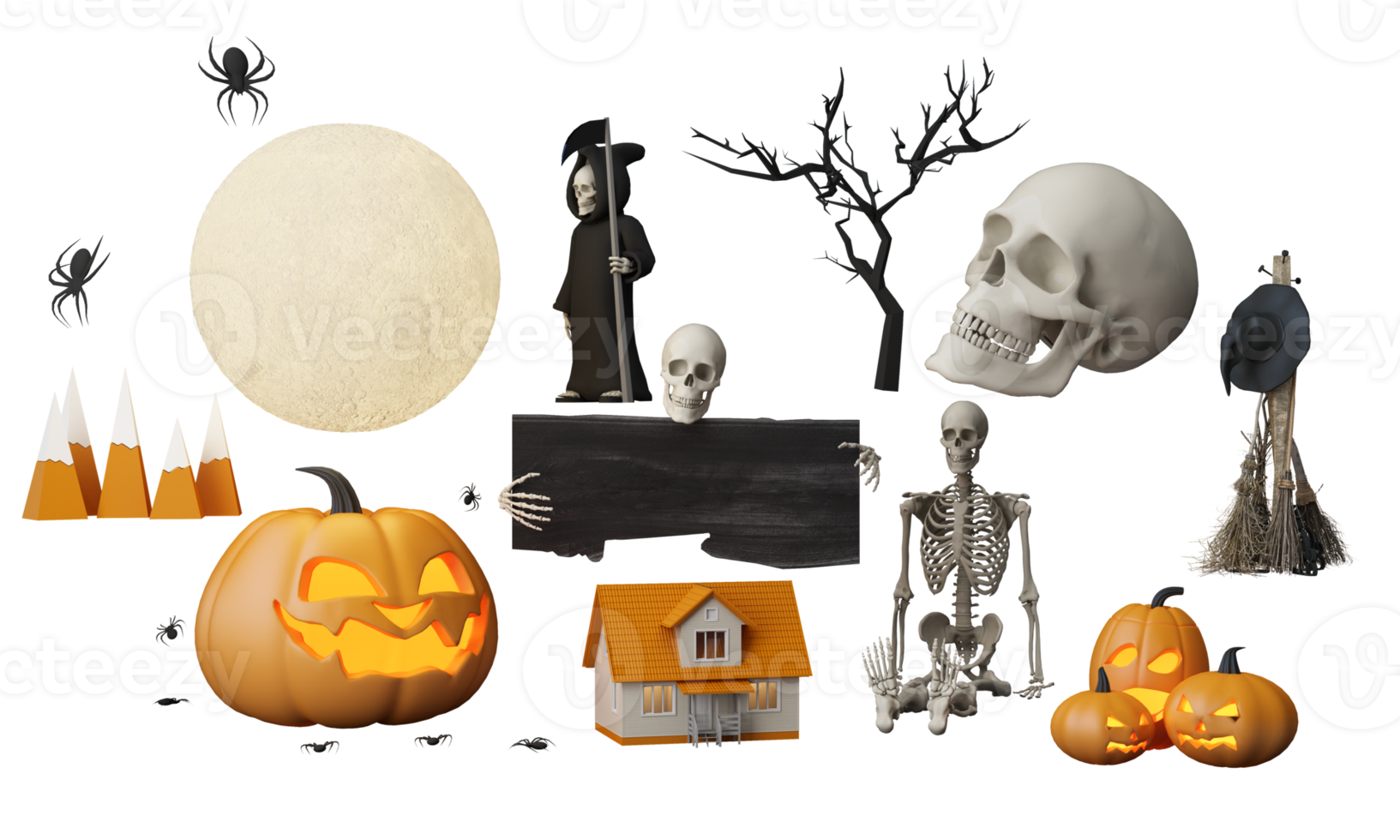 fröhliche halloween-partyplakate mit nachtwolken und kürbissen in karikaturillustration. Vollmond und Boo-Geist mit Spukhausplatz für Text. Broschüre Hintergrund. 3d-rendering-zeichentrickfigur png