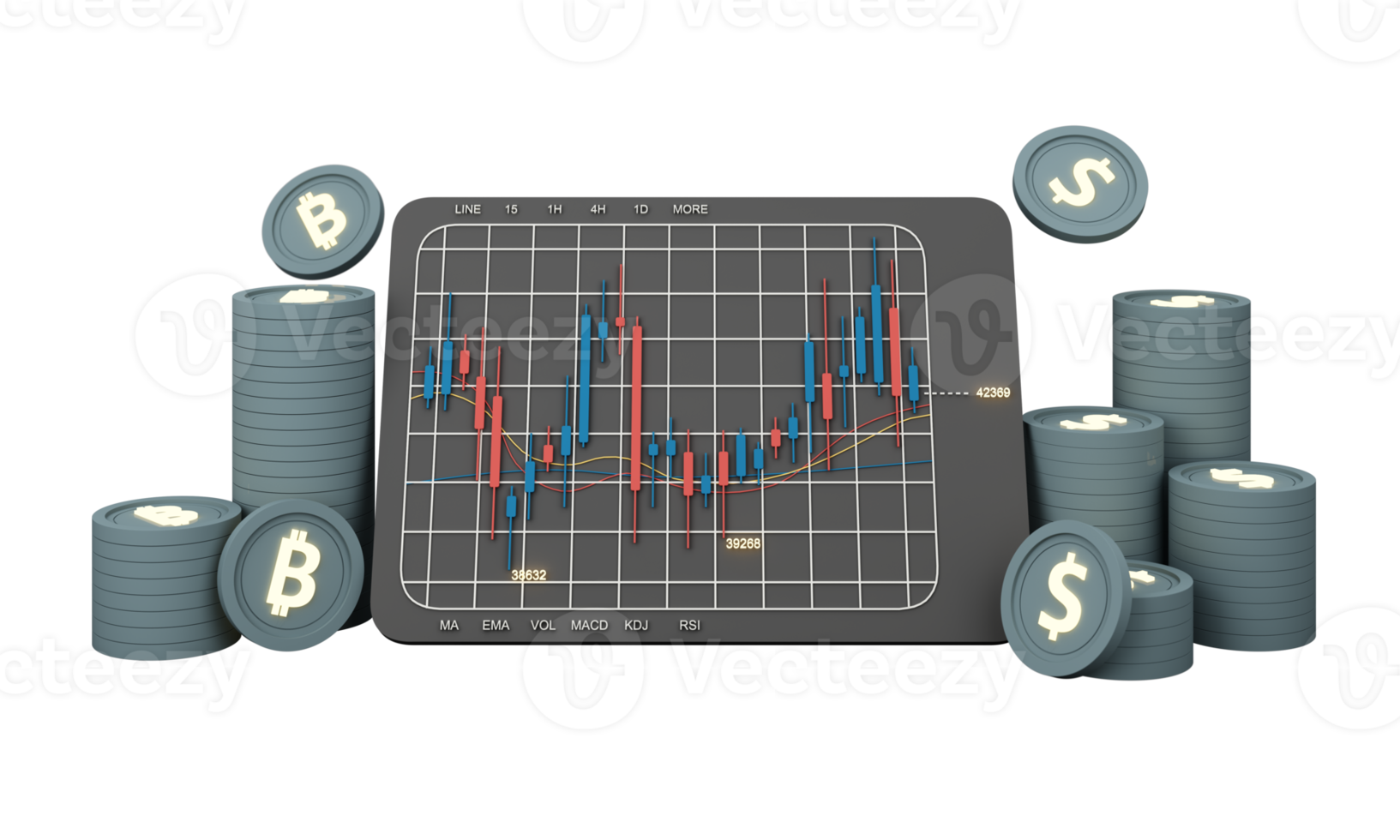 Shopping cart with red upward arrow Surrounded by cardboard boxes and stock charts money as financial saving rising in inflation and business profit growth concept. realistic wide screen -3d render png