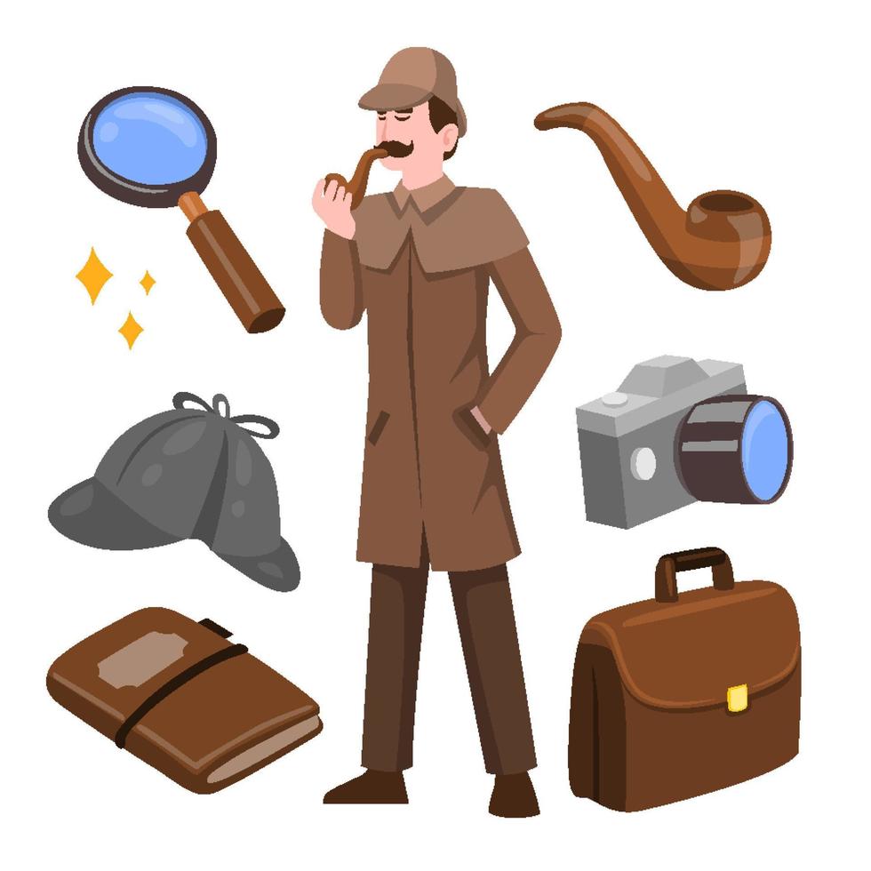 Detective Spy with Smoke Pipe, Camera, Briefcase, Hat, Book, and Magnifying Glass vector