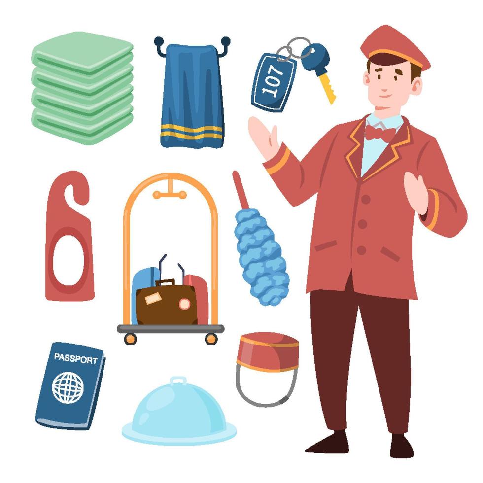 Hotel Staff Job Worker Character Tool Equipment Objects with passport, bellyboy trolley, tray, folded towel, chart, room tag, luggage, briefcase. Flat Illustration vector