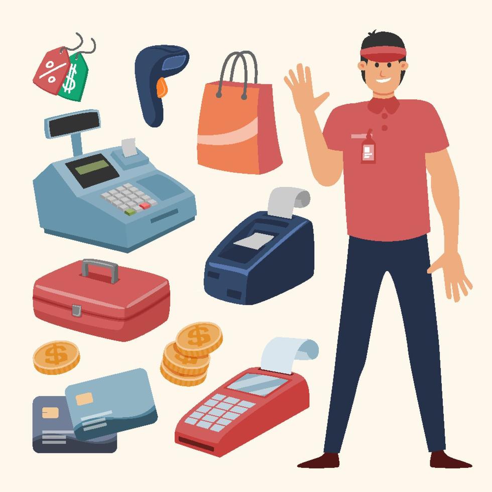 Cashier Tool and Equipment Objects with cashier machine, coin, credit card, POS, shopping bag