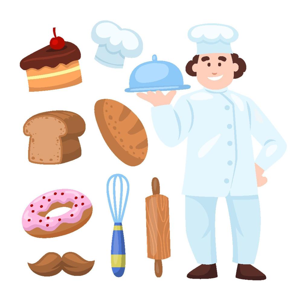 Objetos de equipo de herramienta de personaje de trabajador de trabajo de chef con sombrero de chef, gorra, sombrero, donut, rodillo, batidor, bigote, pan de trigo, pan de pan y bandeja. ilustración plana vector