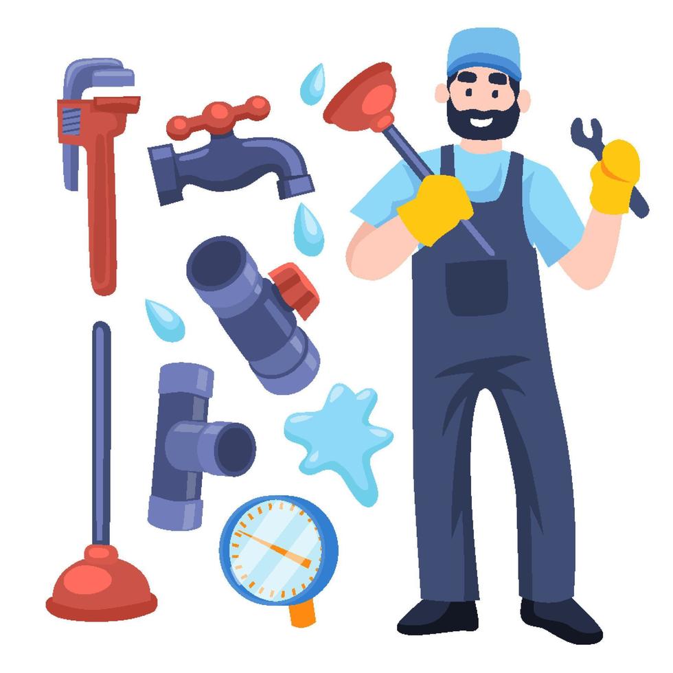 Plumber Job Worker Character Tool Equipment Objects with plunger, wrench, pipe, faucet and water pressure meter. Flat Illustration vector