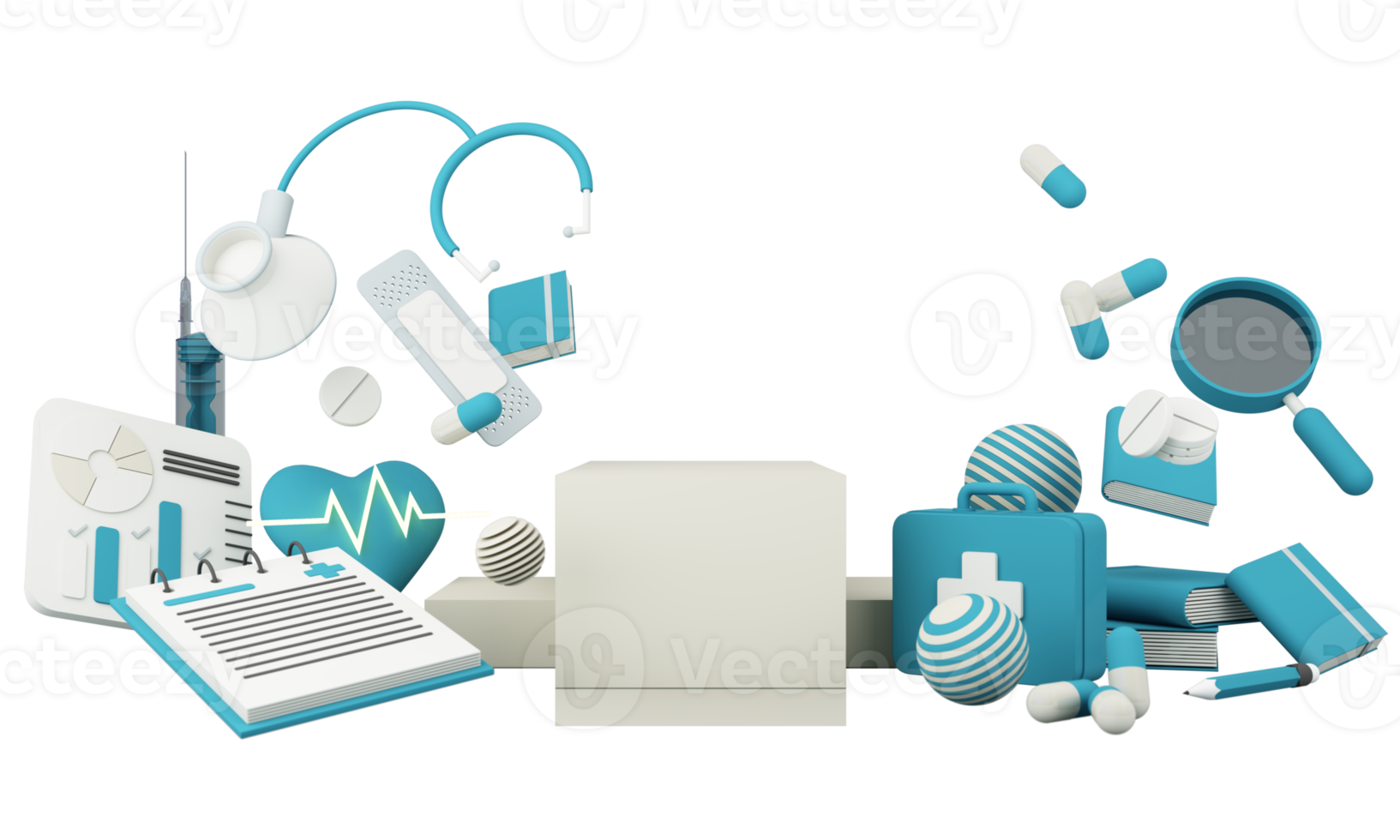 Health insurance concept with words coverage, protection, risk, and security online medicine on a virtual screen and a cartoon wood hand touching a button, isolated on blue background 3d rendering png