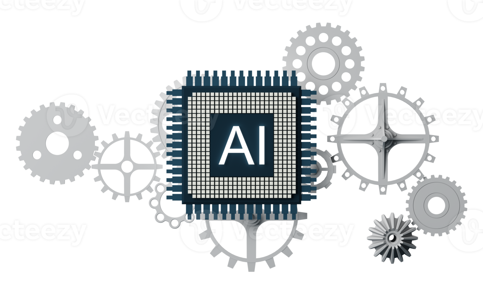Artificial intelligence web banner. of a processor chip. The process of data processing. Developments in modern technologies. Microcircuits on neon glowing background. 3D rendering png