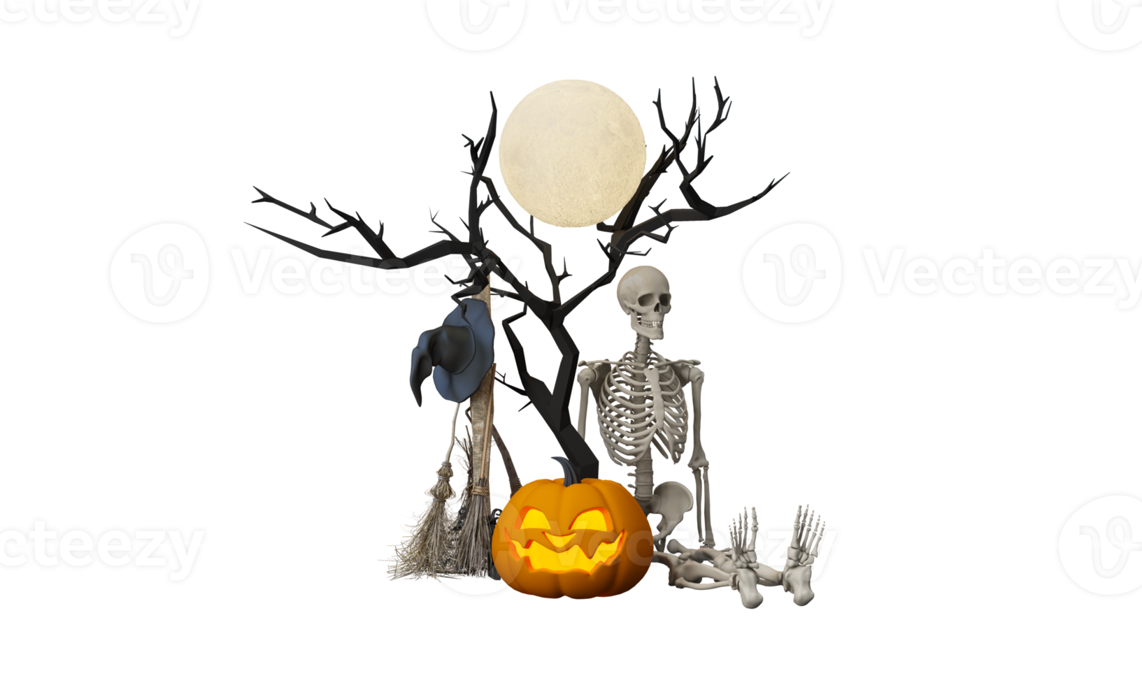 fröhliche halloween-partyplakate mit nachtwolken und kürbissen in karikaturillustration. Vollmond, Hexenkessel, Spinnennetz und Schädel. Platz für Texte. Broschüre Hintergrund. 3D-Rendering png