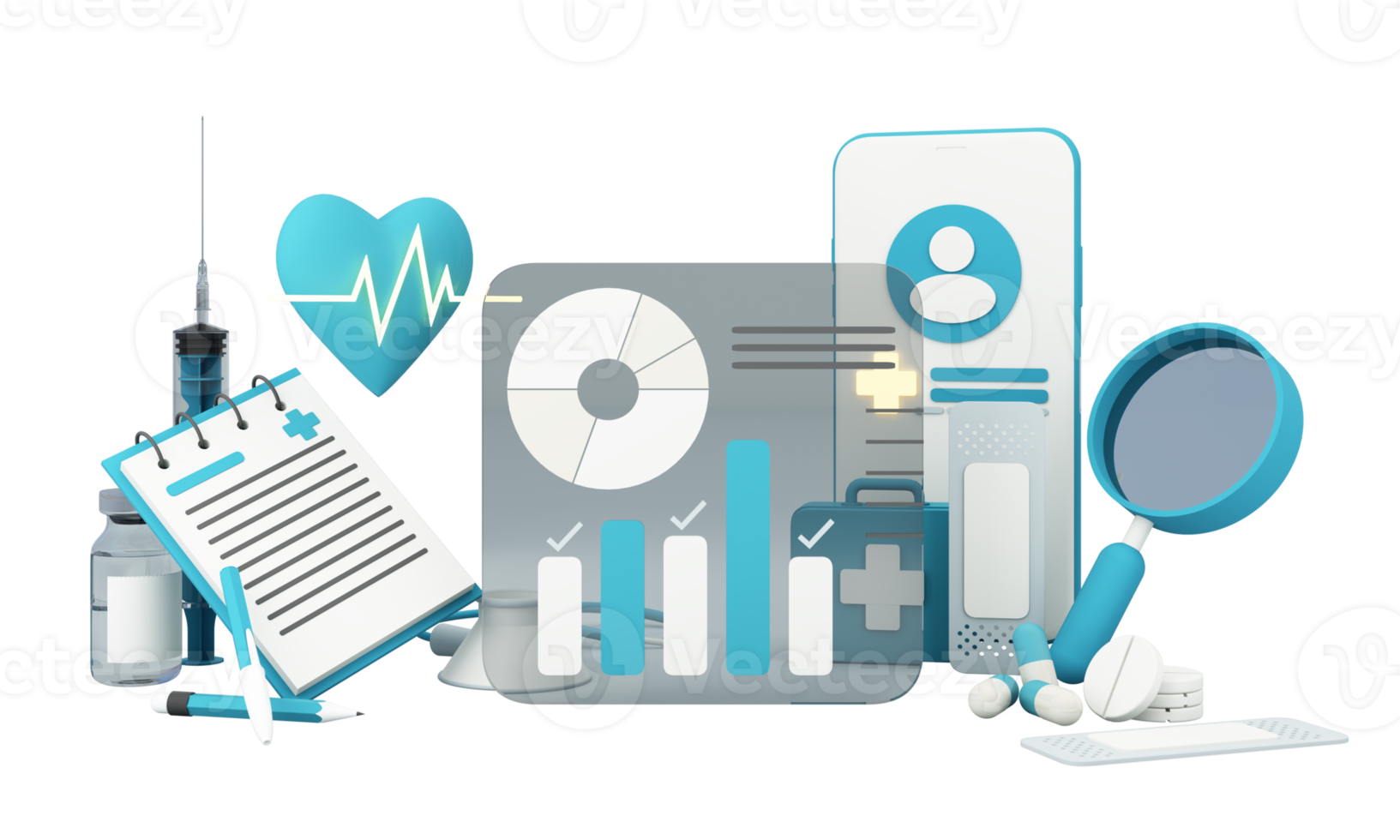 ziektekostenverzekering concept met woorden dekking, bescherming, risico en veiligheid online geneeskunde op een virtueel scherm en een cartoon houten hand aanraken van een knop, geïsoleerd op blauwe achtergrond 3D-rendering png