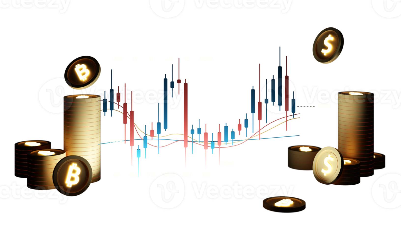 digital currency gold coins It is enclosed around a digital currency chart with bars candlestick patterns alternating up and down with smartphone screen on background. 3d render png