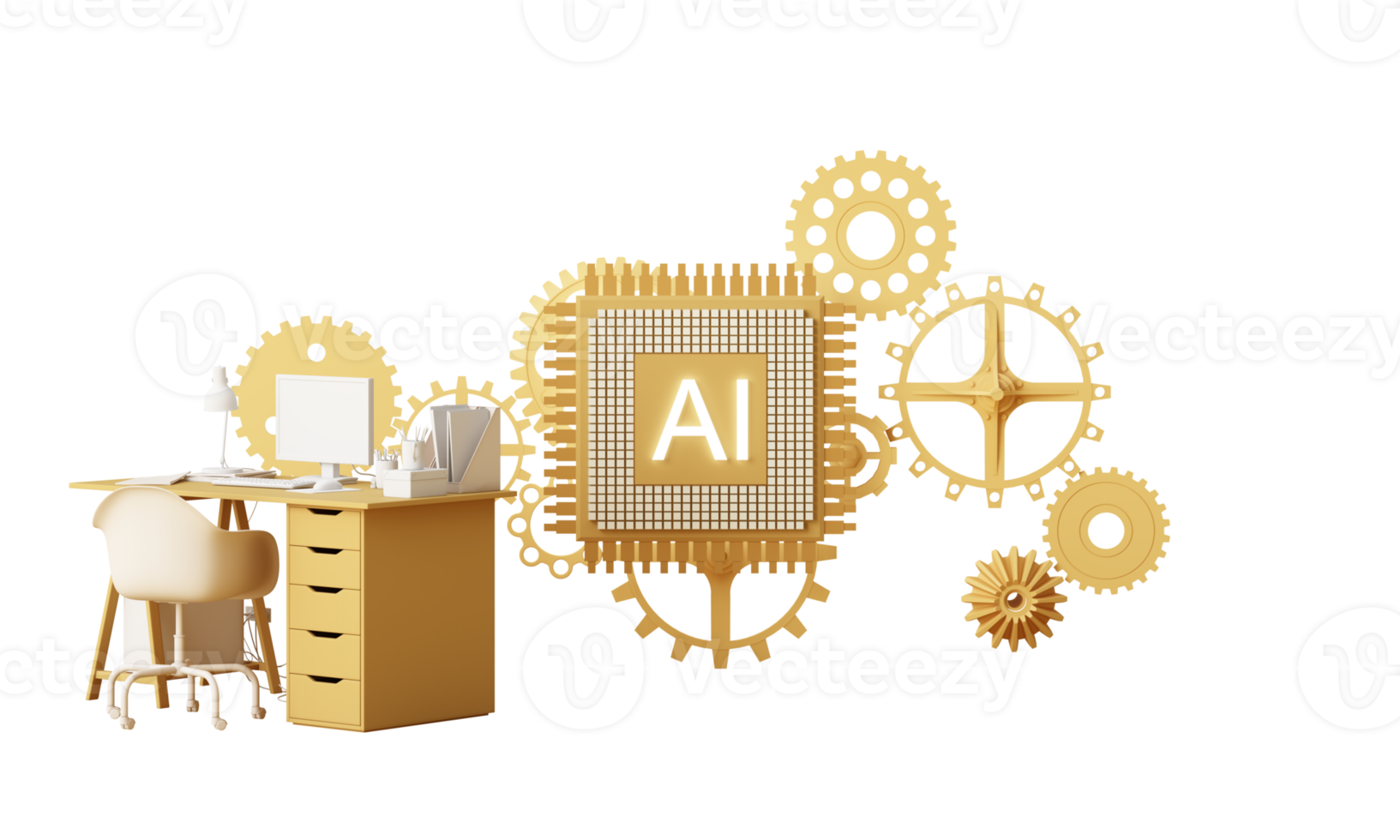 Artificial intelligence web banner. of a processor chip. The process of data processing. Developments in modern technologies. Microcircuits on neon glowing background. 3D rendering png
