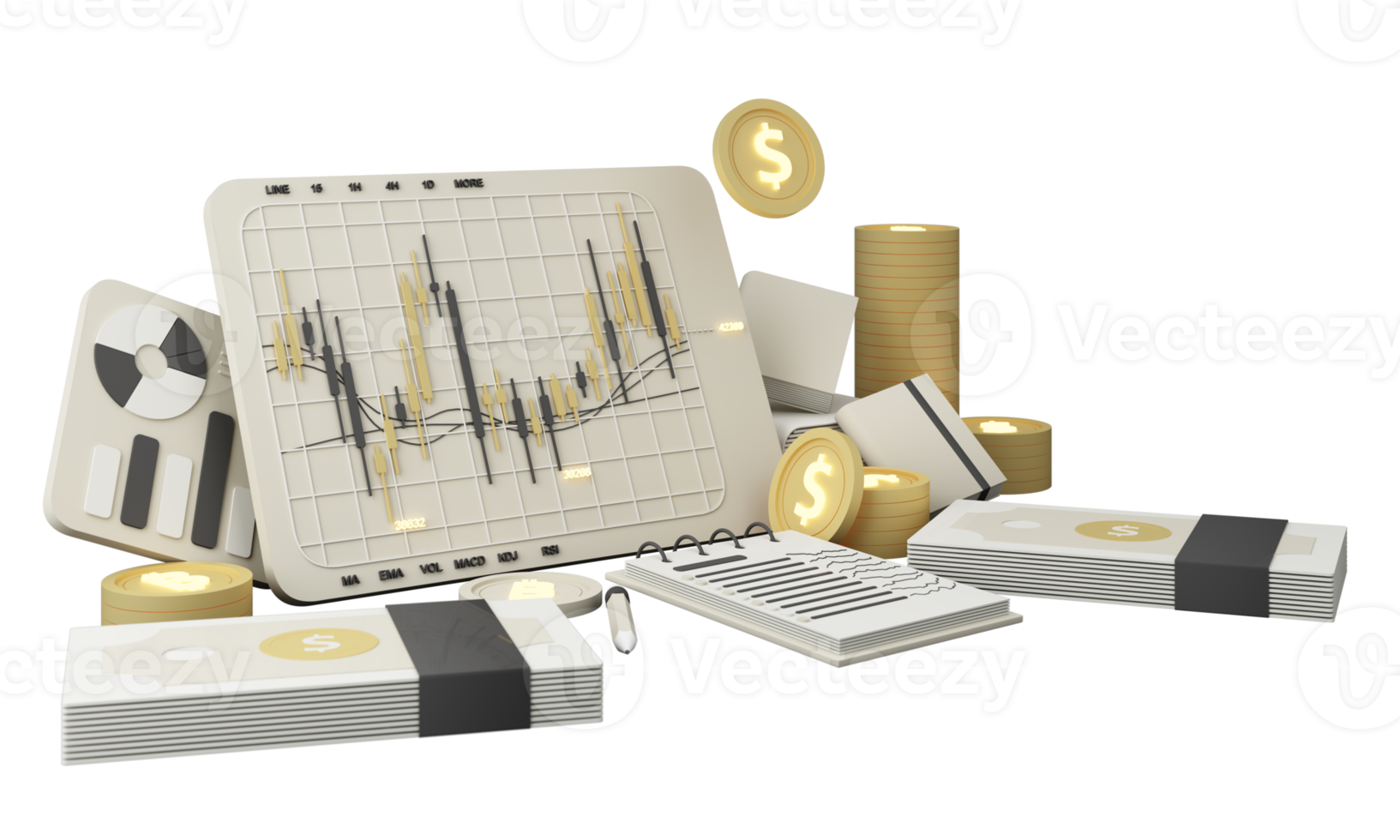 Einkaufswagen mit rotem Aufwärtspfeil, umgeben von Kartons und Aktiendiagrammen Geld als finanzielle Ersparnis, die in Inflations- und Unternehmensgewinnwachstumskonzept steigt. realistischer Breitbild-3D-Rendering png