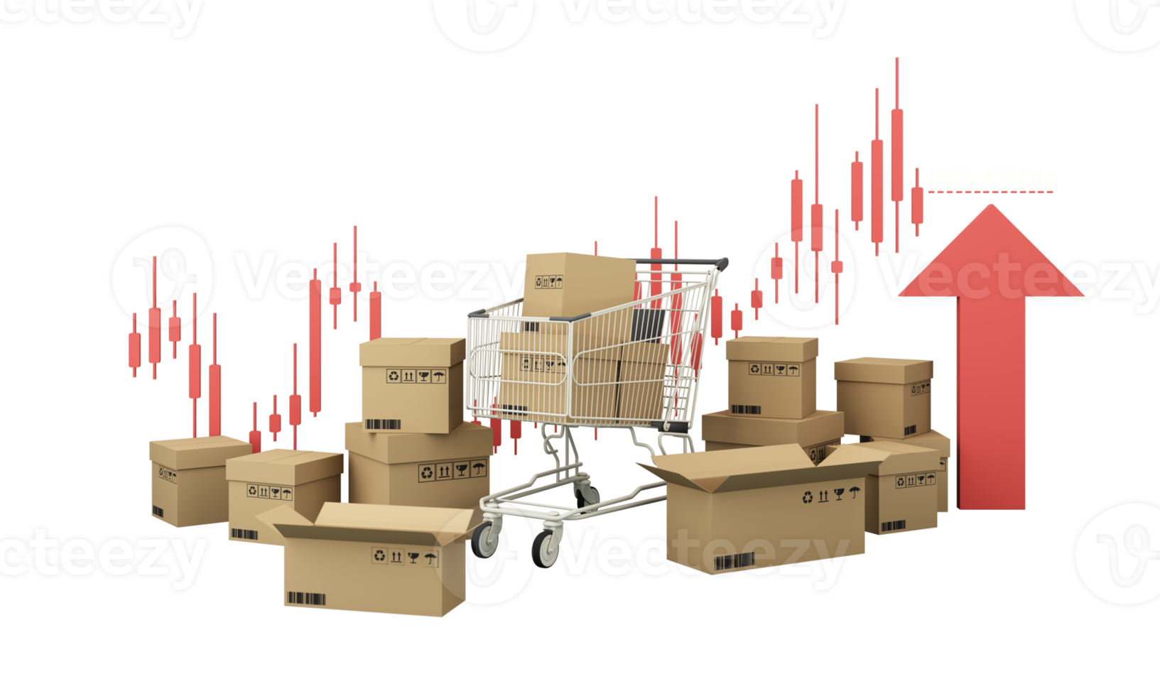 Shopping cart with red upward arrow Surrounded by cardboard boxes and stock charts money as financial saving rising in inflation and business profit growth concept. realistic wide screen -3d render png