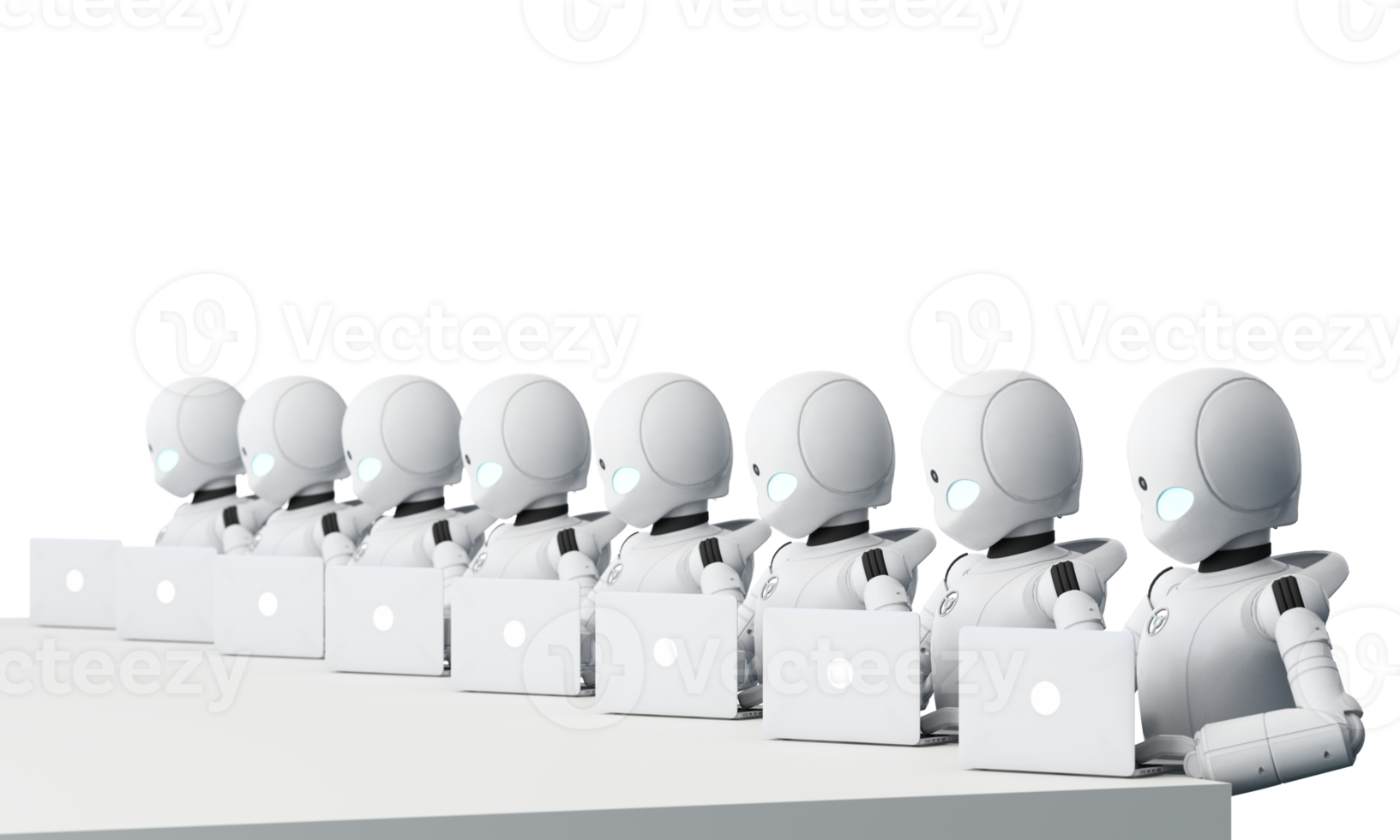 robot cybernetiska organism Arbetar med en virtuell hud gränssnitt i verklighet och ai chip med kugghjul. humanoid robot med en plast ansikte trycker på på de digital skärm. framtida begrepp. 3d tolkning png