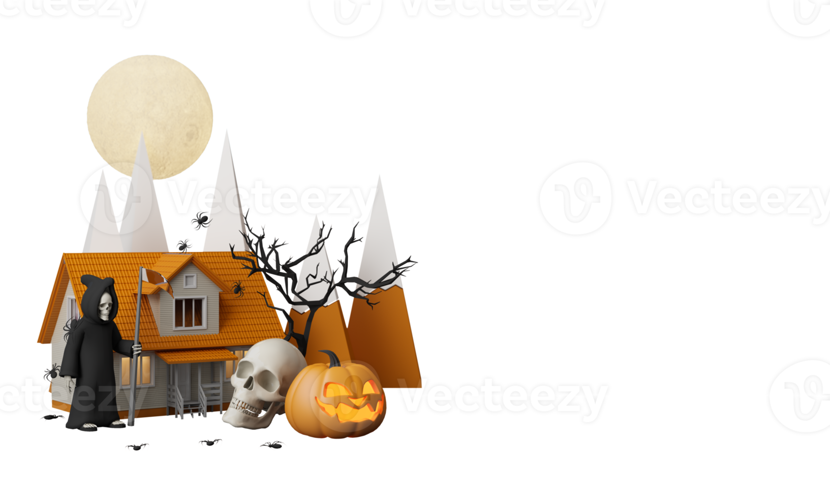 Happy Halloween party posters set with night clouds and pumpkins in cartoon illustration. Full moon and boo ghost with haunted house Place for text. Brochure background. 3d render cartoon character png