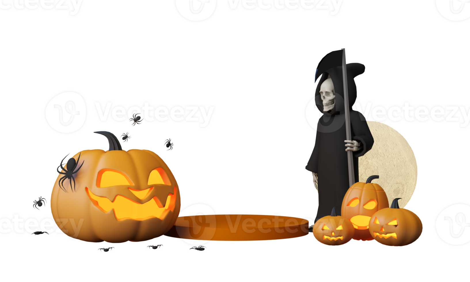 fröhliche halloween-partyplakate mit nachtwolken und kürbissen in karikaturillustration. Vollmond und Boo-Geist mit Spukhausplatz für Text. Broschüre Hintergrund. 3d-rendering-zeichentrickfigur png