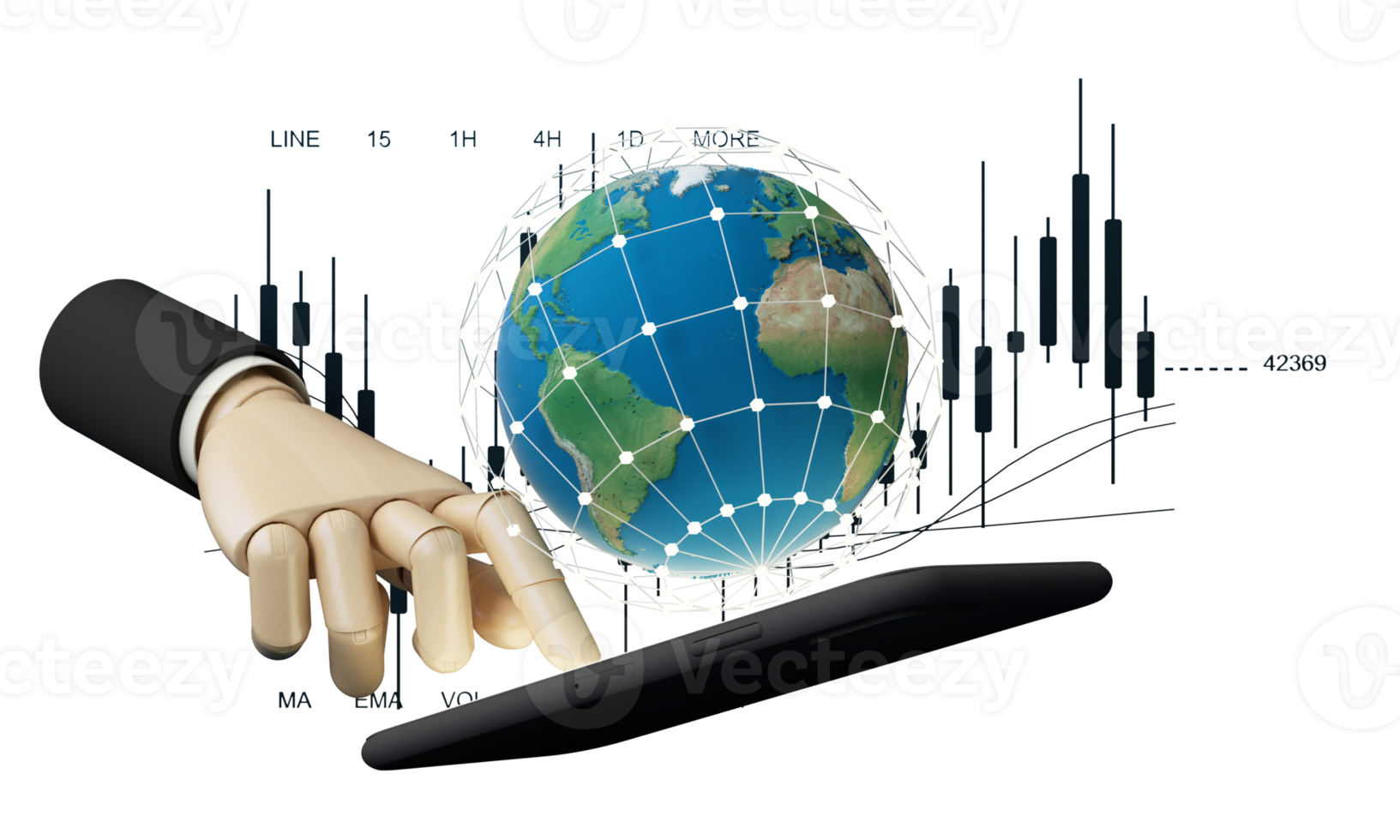 hombre de negocios usando teléfono móvil inteligente. tecnología de aplicación de conexión a Internet global de negocios y marketing digital, finanzas y banca, tecnología de enlace digital, big data. modelo de dibujos animados-representación 3d png