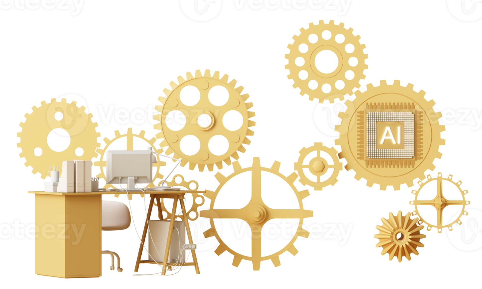 mesa de trabalho amarela com computador portátil no futuro que funciona com inteligência artificial e tecnologia moderna. os objetivos da empresa trabalham duro. no chip e circuito ai de fundo. renderização em 3D png