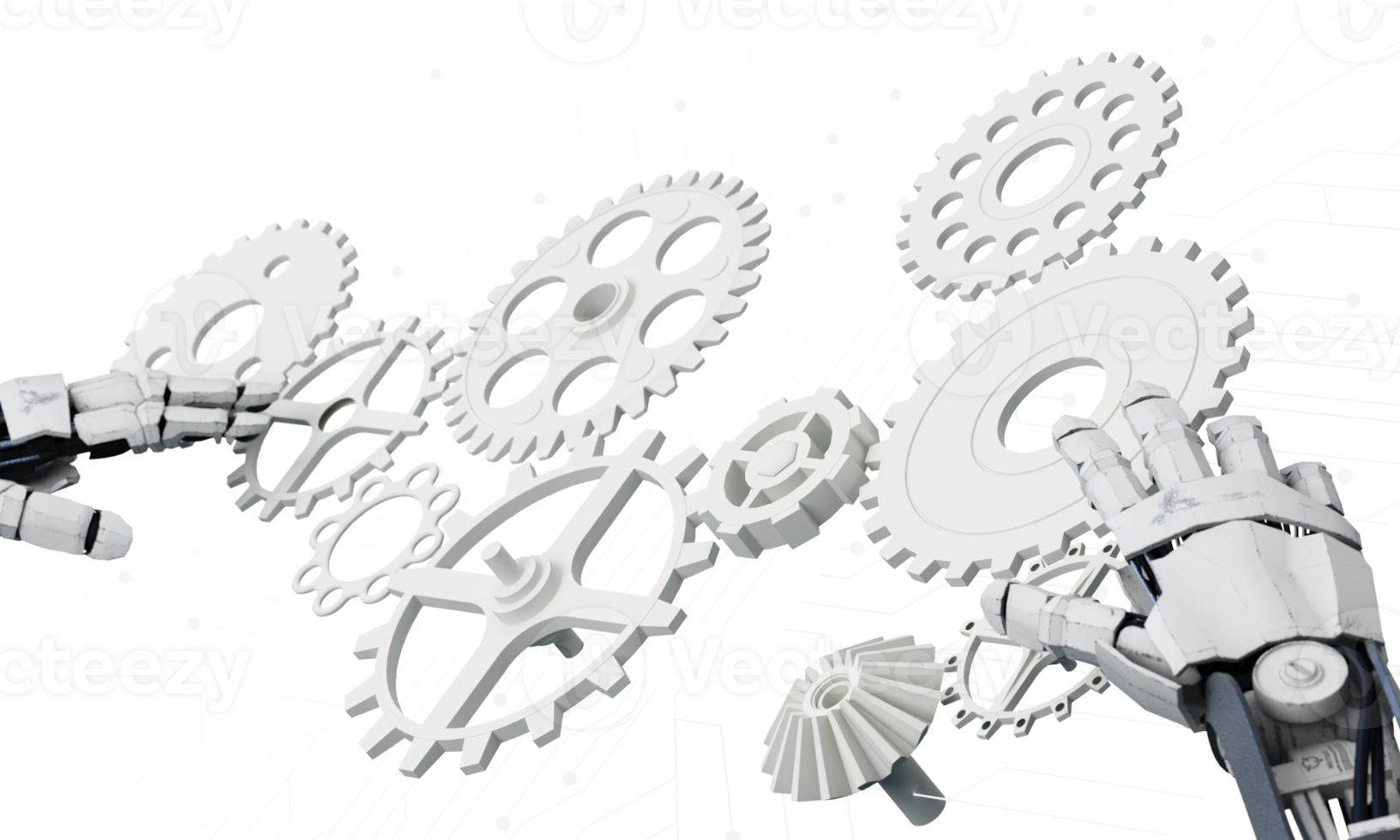 Robot cybernetic organism works with a virtual HUD interface in reality and Ai chip with cogwheel. Humanoid robot with a plastic face presses on the digital screen. Future concept. 3d rendering png
