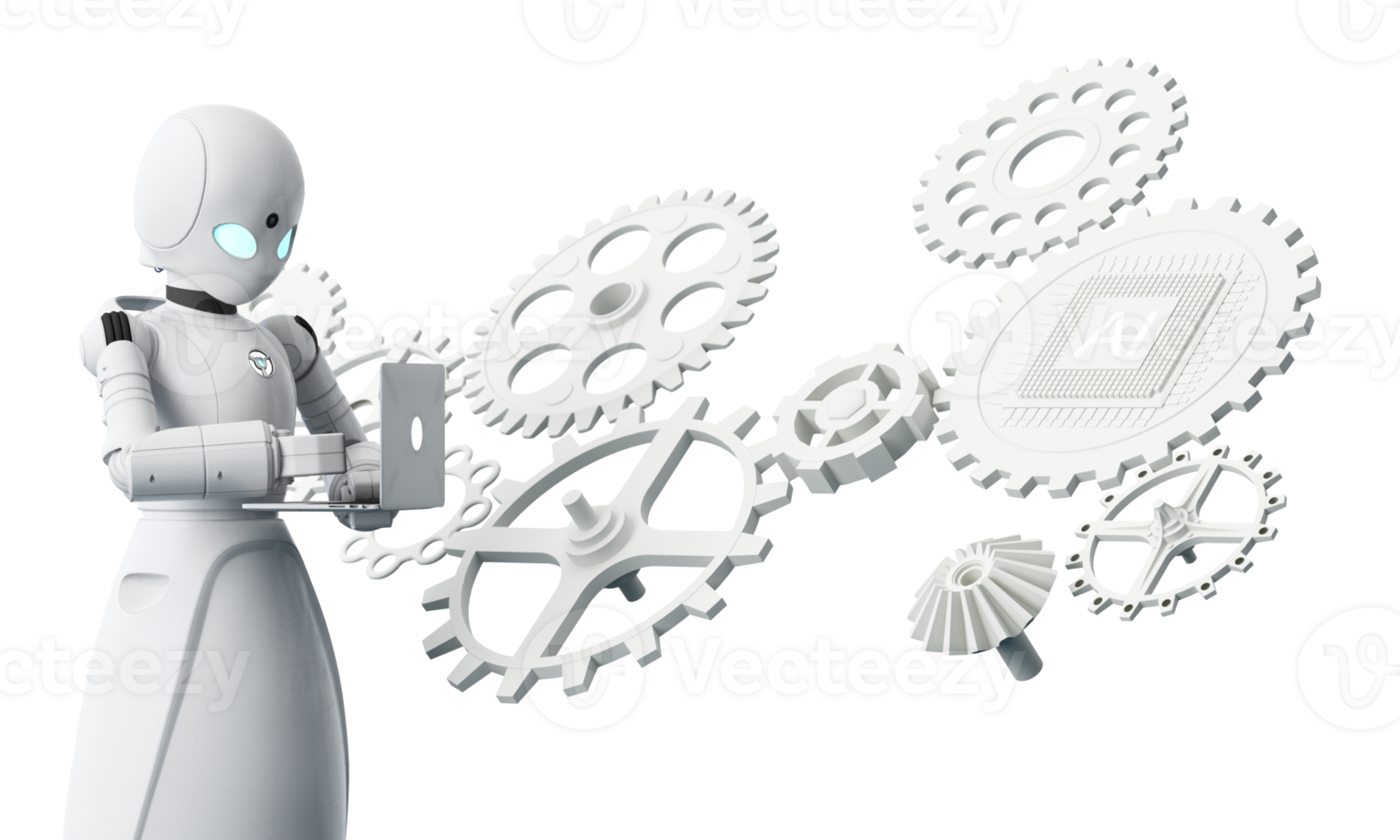 robot cybernetisch organisme werken met een virtueel hud koppel in realiteit en ai spaander met tandrad. humanoid robot met een plastic gezicht persen Aan de digitaal scherm. toekomst concept. 3d renderen png