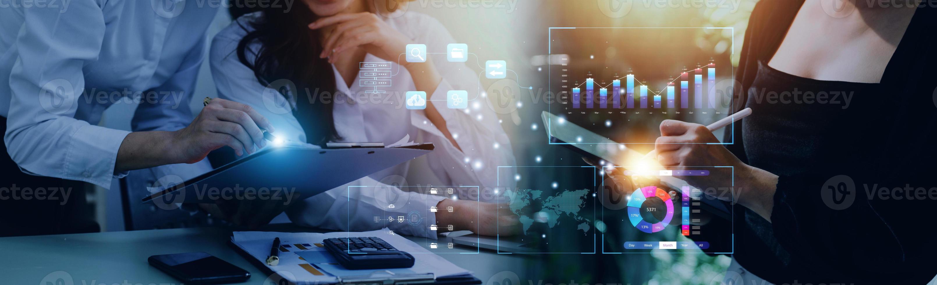 Analyst working with Business Analytics and Data Management System on computer, make a report with KPI and metrics connected to database. Corporate strategy for finance, operations, sales, marketing. photo