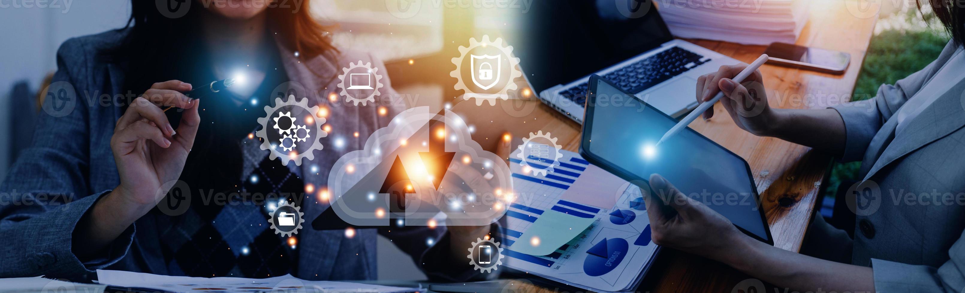man showing virtual screen with cloud computing diagram. Cloud technology. Data storage. Networking and internet service concept. photo