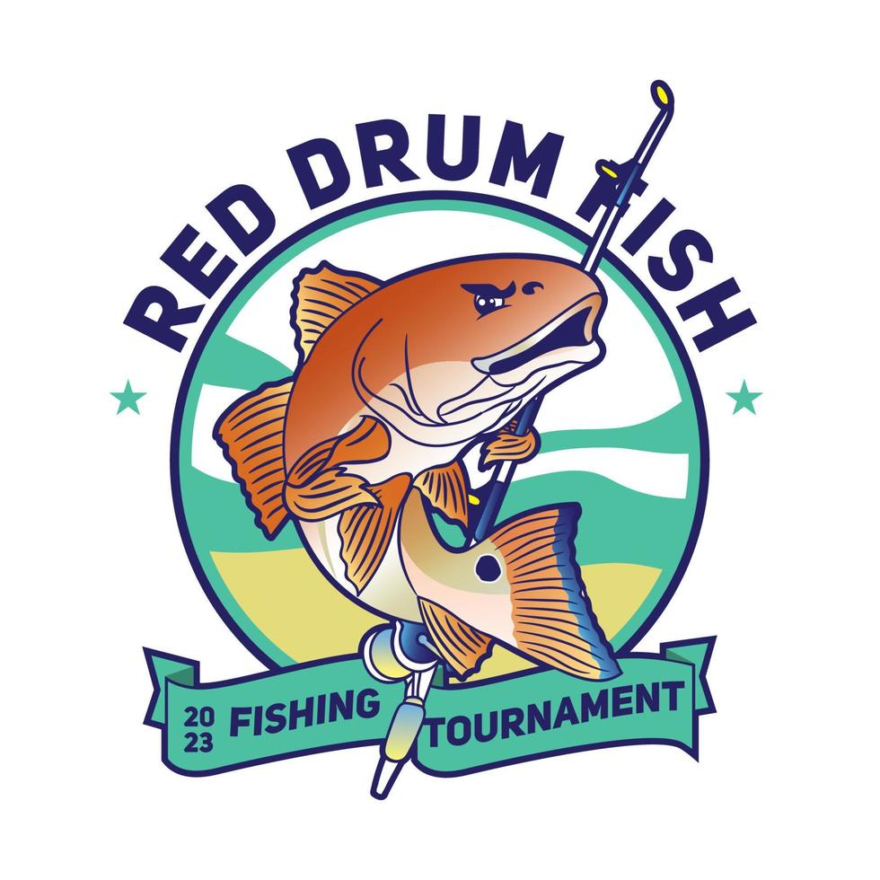 Red drum fish vector illustration in cartoon style, perfect for t shirt and fishing tournament event logo design