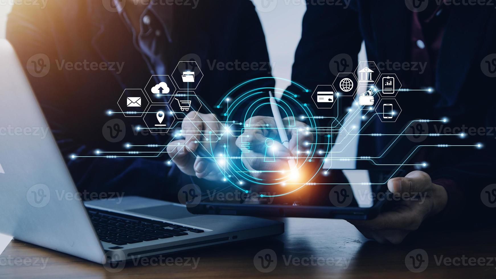 Cybersecurity and privacy concepts to protect data. Lock icon and internet network security technology. Businessman protecting personal data on smart phone with virtual screen interfaces. photo
