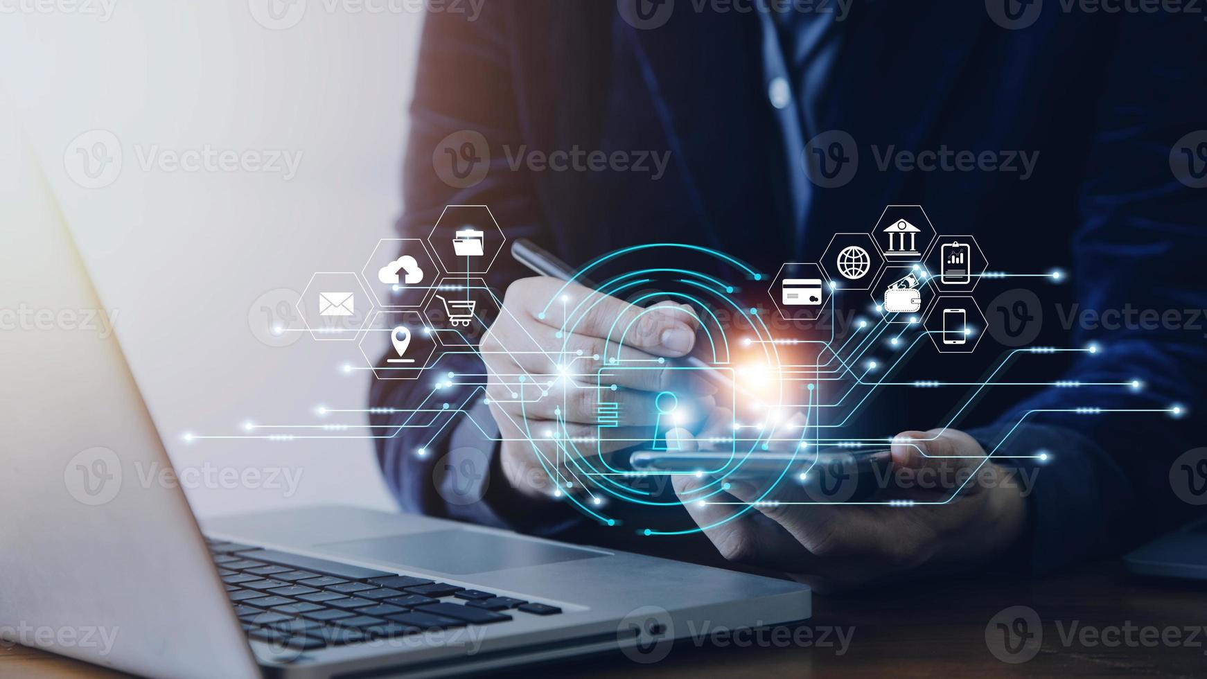 Cybersecurity and privacy concepts to protect data. Lock icon and internet network security technology. Businessman protecting personal data on smart phone with virtual screen interfaces. photo