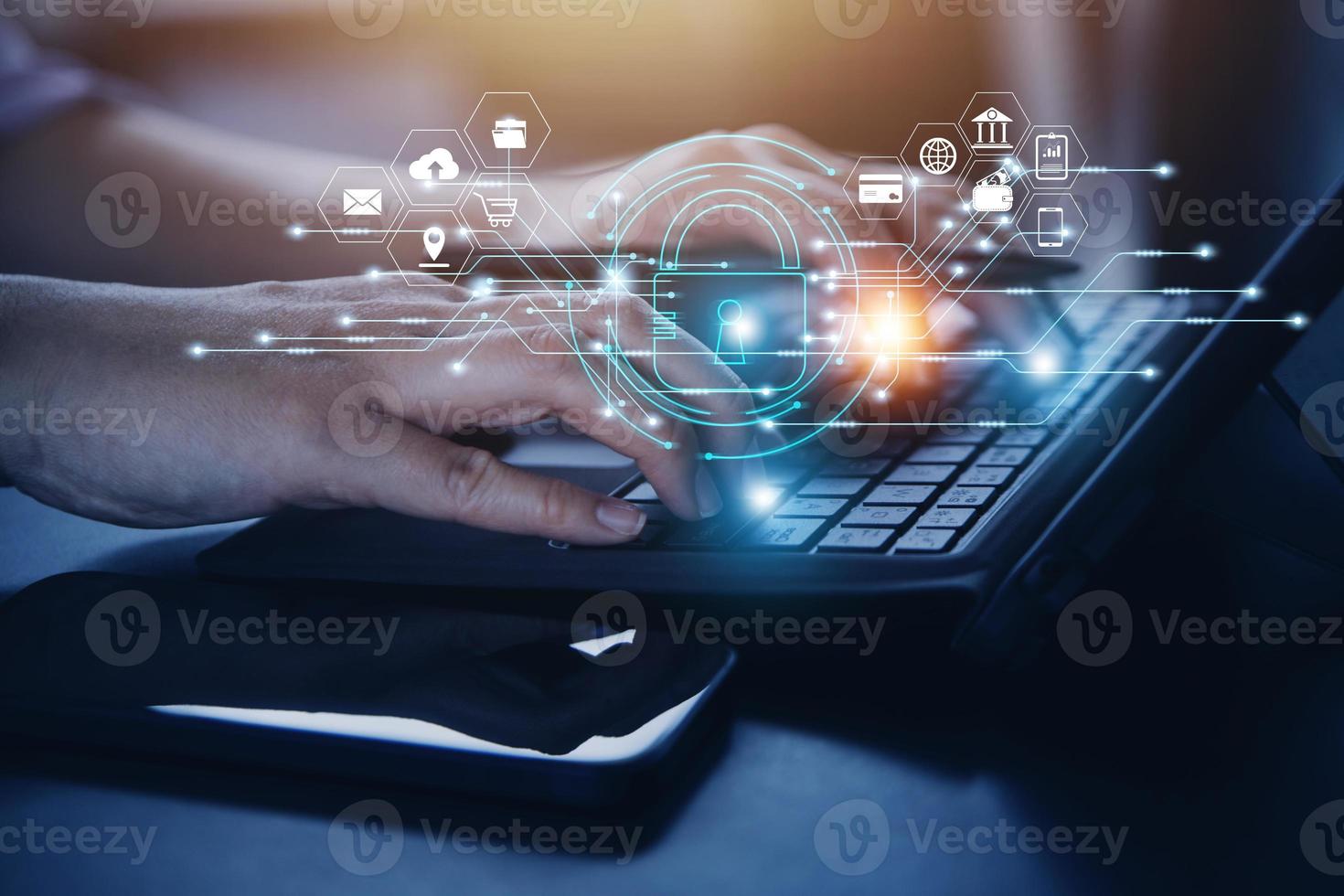 Cybersecurity and privacy concepts to protect data. Lock icon and internet network security technology. Businessman protecting personal data on smart phone with virtual screen interfaces. photo