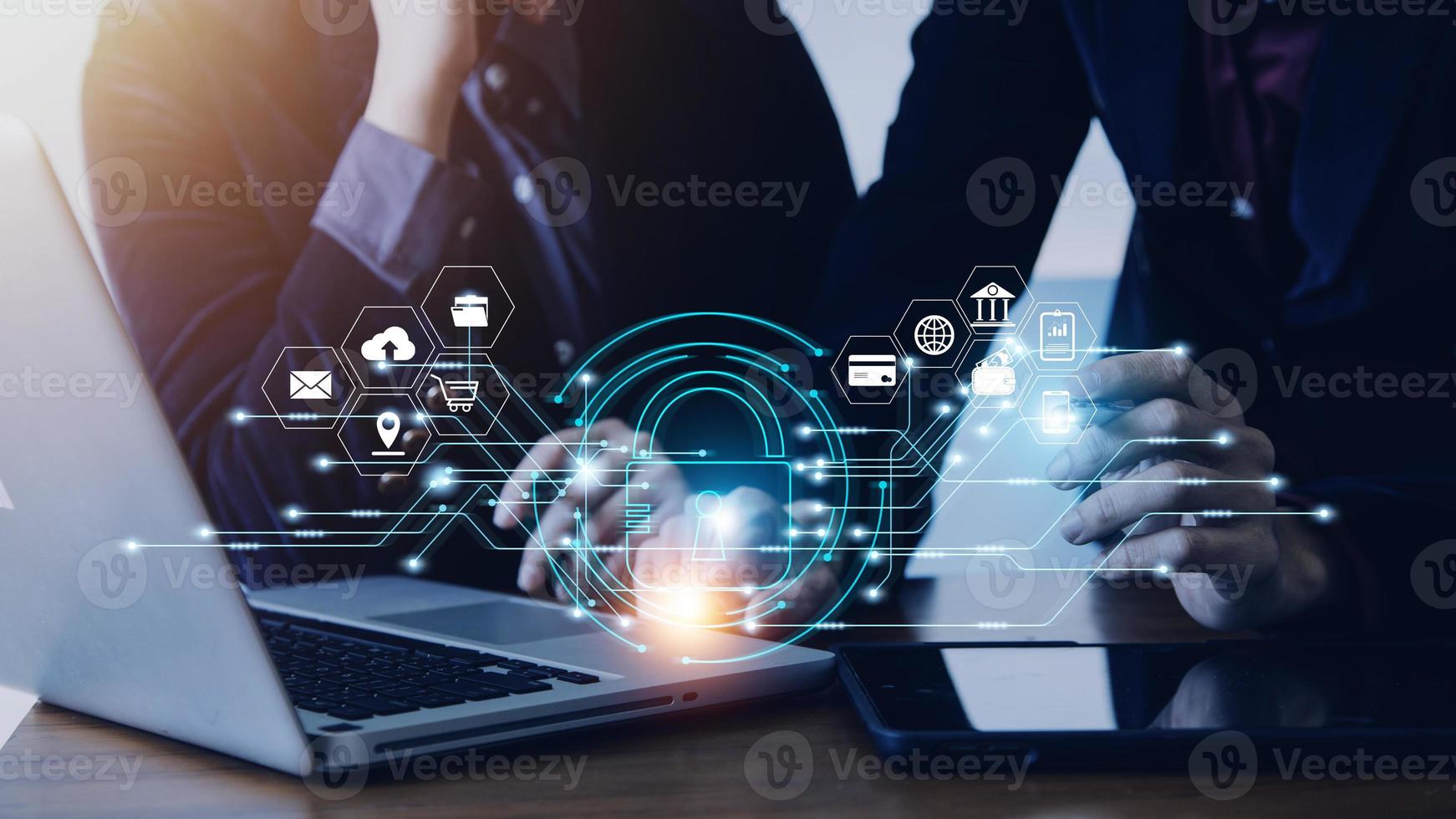 Cybersecurity and privacy concepts to protect data. Lock icon and internet network security technology. Businessman protecting personal data on smart phone with virtual screen interfaces. photo
