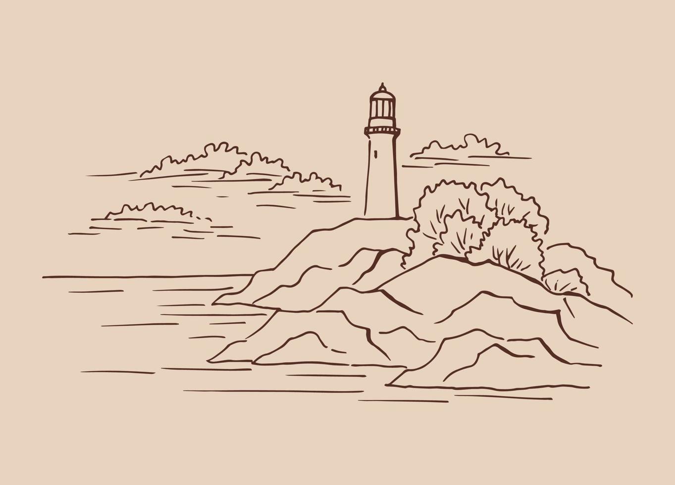 faro. ilustración dibujada a mano convertida en vector. vector de ilustración de boceto de paisaje gráfico de la costa del mar.