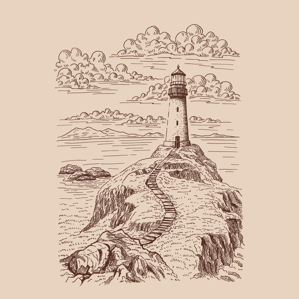 faro. ilustración dibujada a mano convertida en vector. vector de ilustración de boceto de paisaje gráfico de la costa del mar.