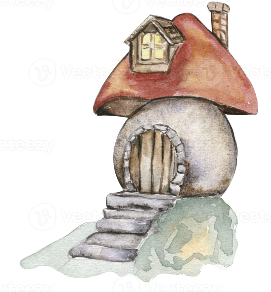 Watercolor cartoon fairy tale mushroom house with wooden door. Watercolor hand draw fairy tale illustration. Illustartion with white isolated background. Perfect for greeting card, poster. png