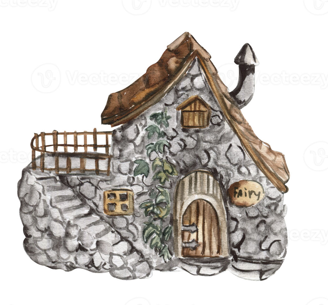 Watercolor cartoon  house with wooden door for fairy. Cute hand painted fairy tale illustration for greeting cards, prints, post cards and souvenirs. Illustartion isilated on white background. png
