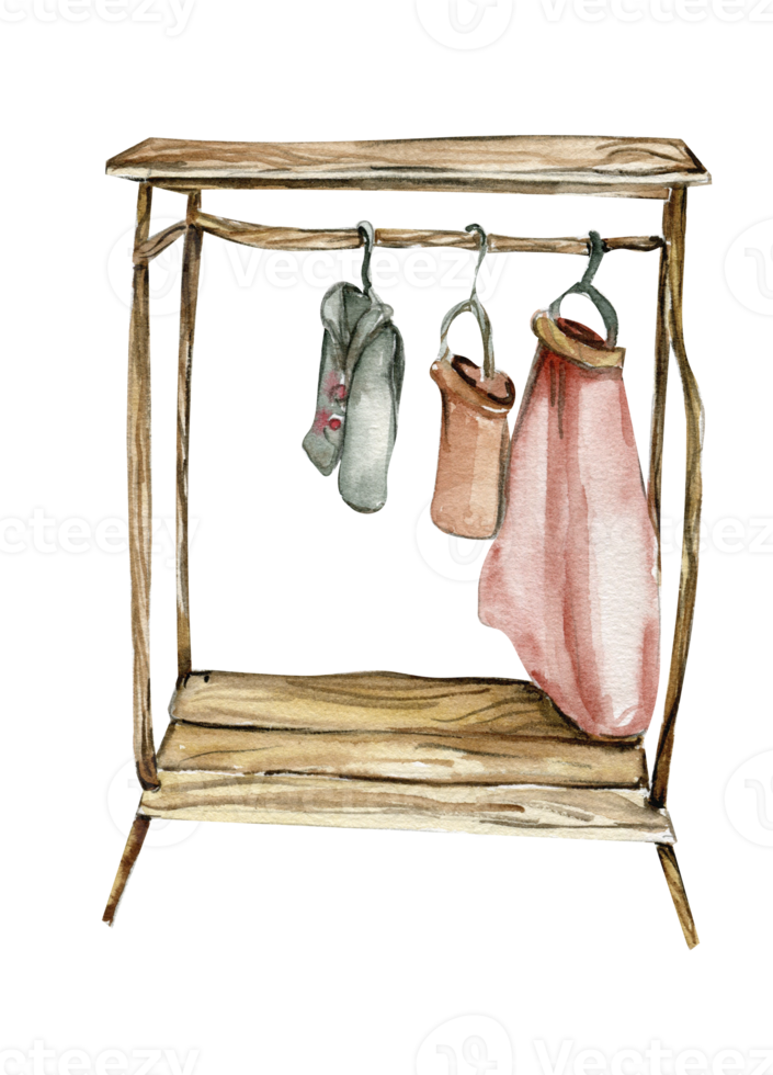 Watercolor wooden clothes dryer with clothes on it. Watercolor hand drawn illustration on white background. Perfect for greeting card, poster, wedding invitation, party decor. png
