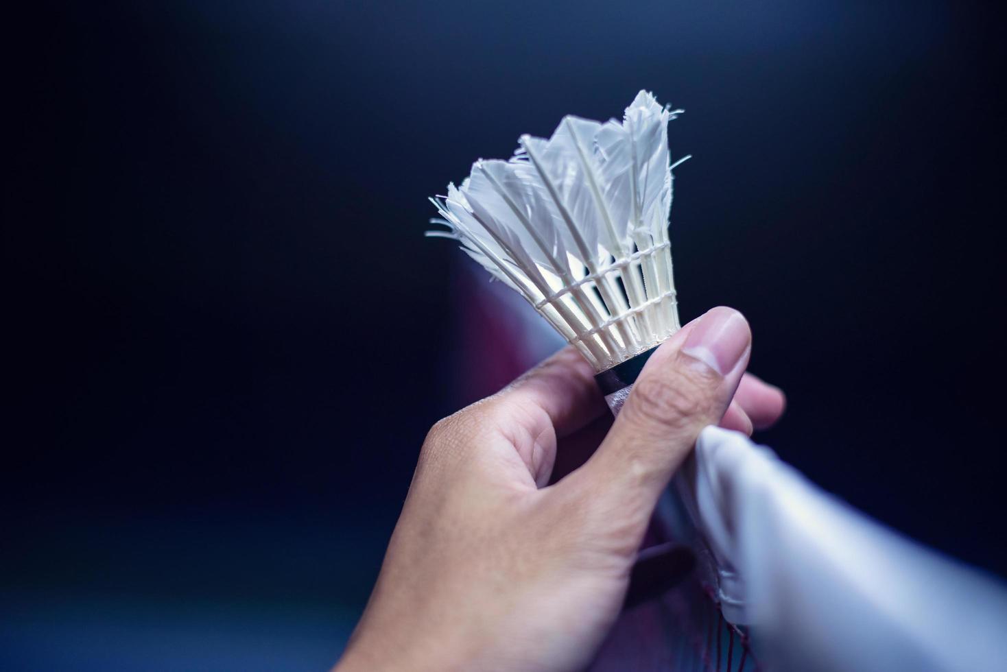 Hand holding Badminton over the net photo