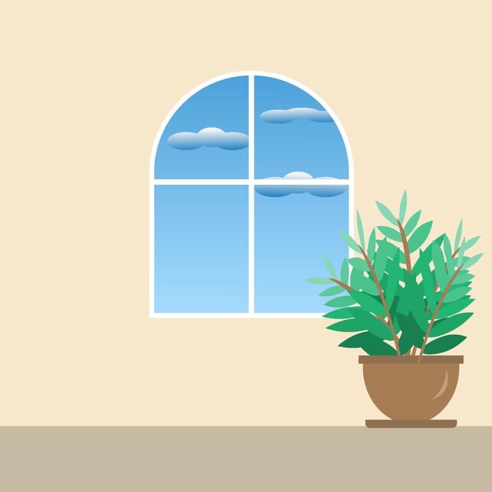 Illustrator vector of green plant in cray pot place near white widow with blue sky and cloud.