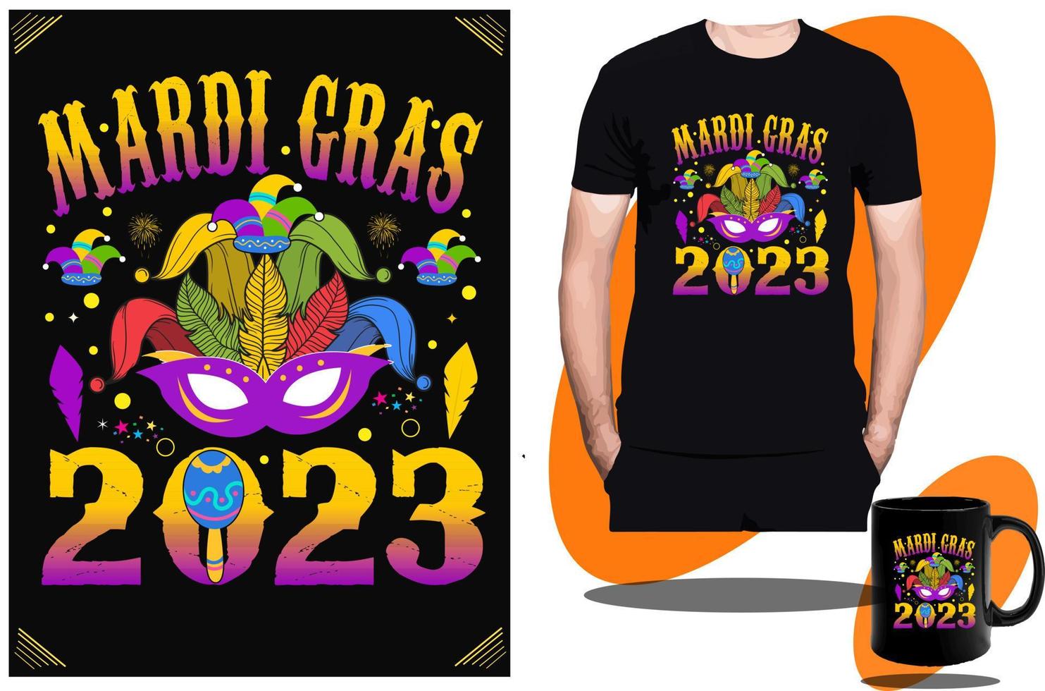 mardi gras 2023 y fiesta de mardi gras, bandera, buche, diseño de camiseta o plantilla. vector