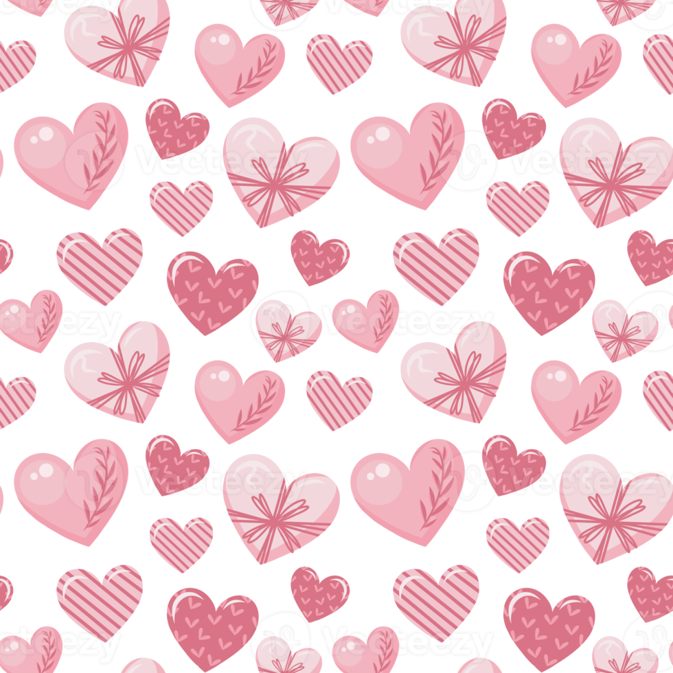 Seamless Valentine's Day pattern on white background with hearts with cute and romantic decorations. png